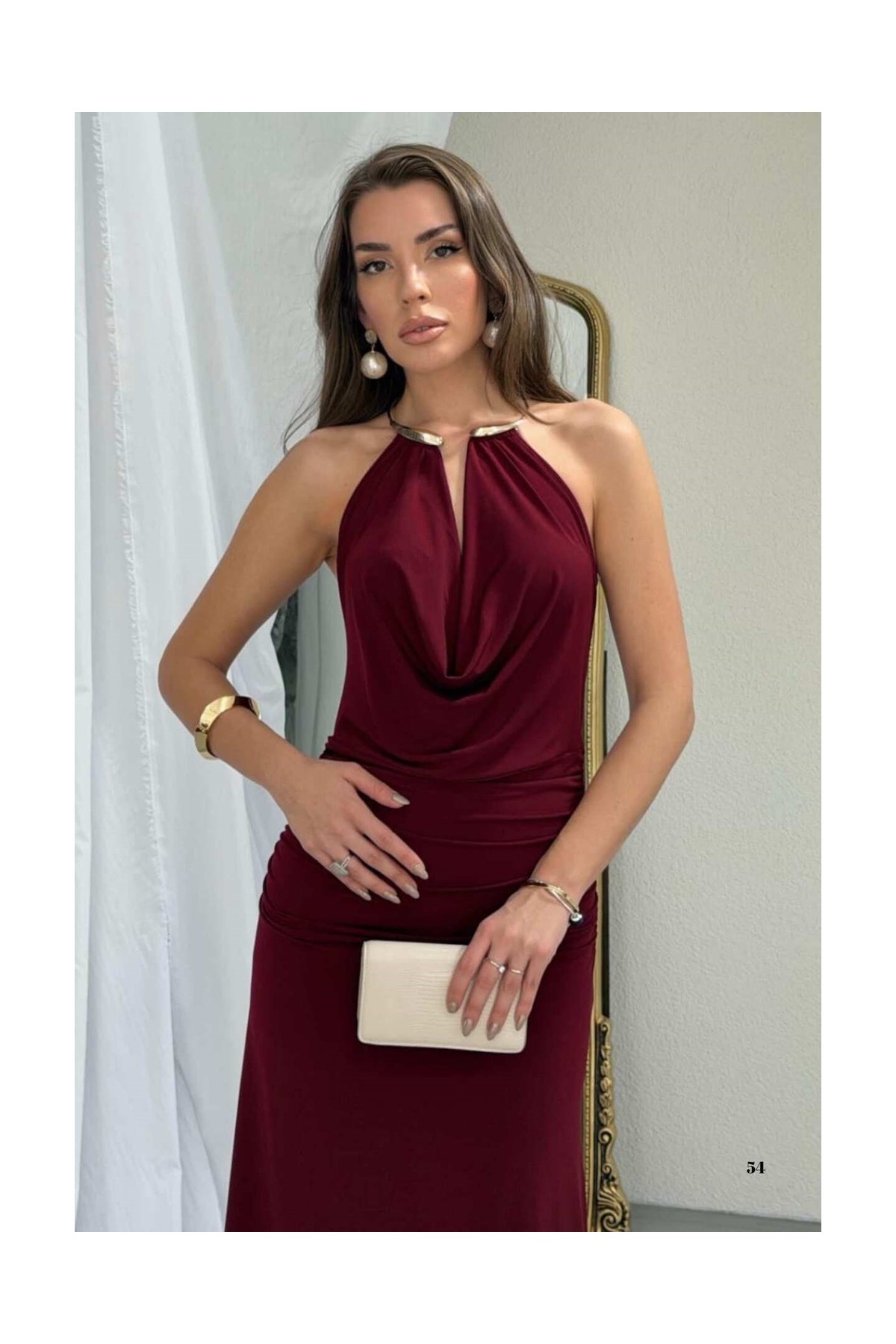 Zishan Fashion Sandy Kumaş Straplez & Halter Yaka Uzun Abiye Elbise - Dökümlü Bodycon Gece Elbisesi 10178 görsel 7