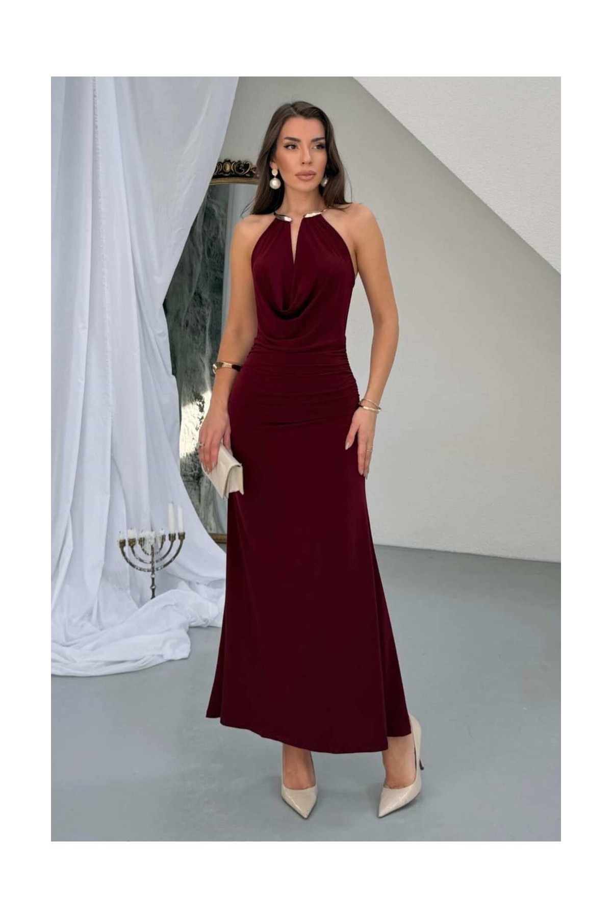 Zishan Fashion Sandy Kumaş Straplez & Halter Yaka Uzun Abiye Elbise - Dökümlü Bodycon Gece Elbisesi 10178 görsel 8