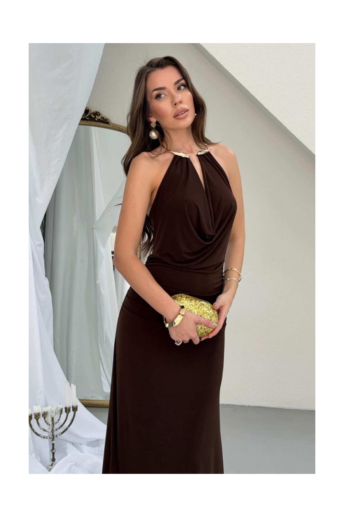 Zishan Fashion Sandy Kumaş Straplez & Halter Yaka Uzun Abiye Elbise - Dökümlü Bodycon Gece Elbisesi 10178