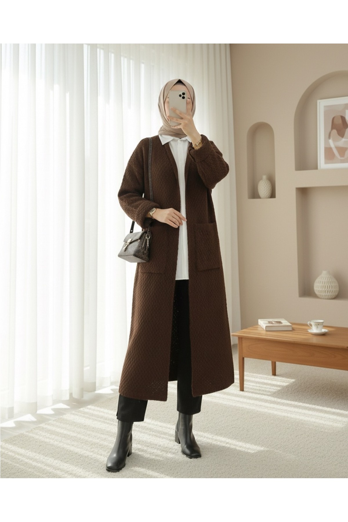 Moda Morfo Çift Cepli Uzun Triko Hırka -Kahve