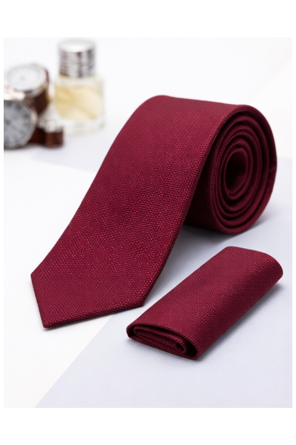 Gambocci Unisex Armürlü Kuş Gözü Desenli Slim Fit Mendilli Kravat görsel 4