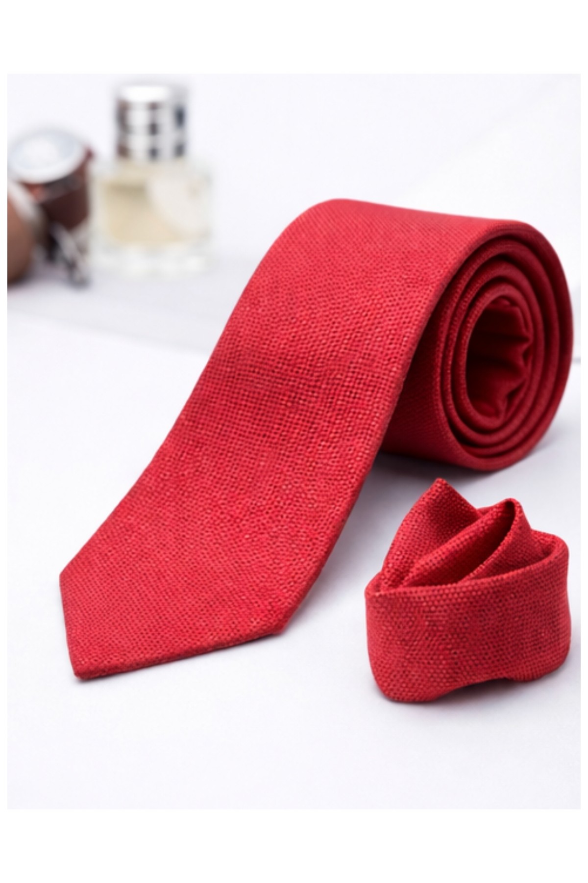 Gambocci Unisex Armürlü Kuş Gözü Desenli Slim Fit Mendilli Kravat