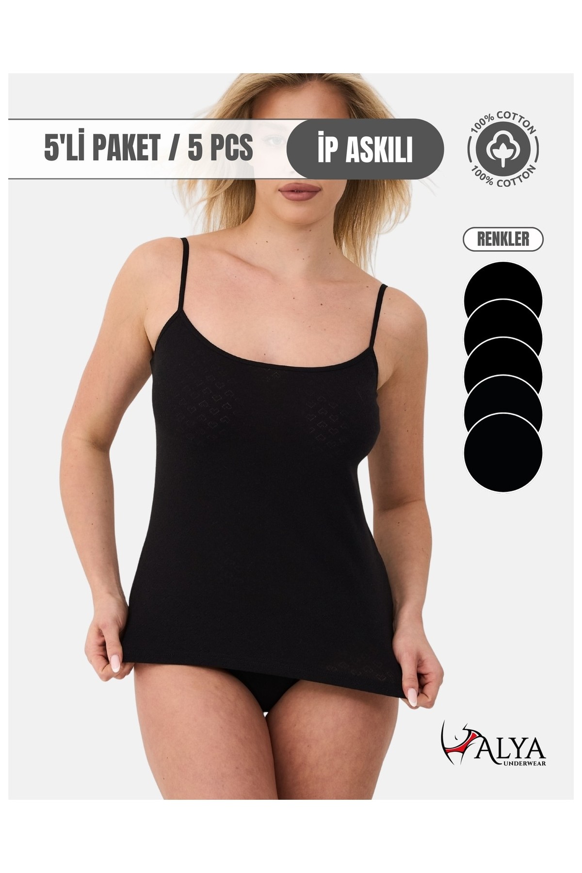 Alya Underwear %100 Pamuk Kumaşlı Ip Askılı Kadın Atlet Jakarlı Ribana Kalp Işlemeli 5\'li Paket