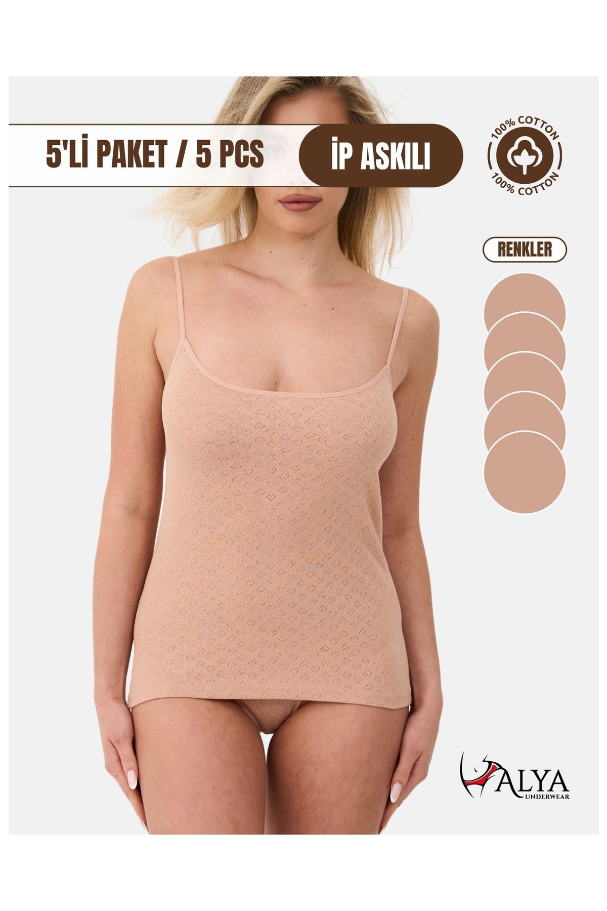 Alya Underwear %100 Pamuk Kumaşlı Ip Askılı Kadın Atlet Jakarlı Ribana Kalp Işlemeli 5\'li Paket
