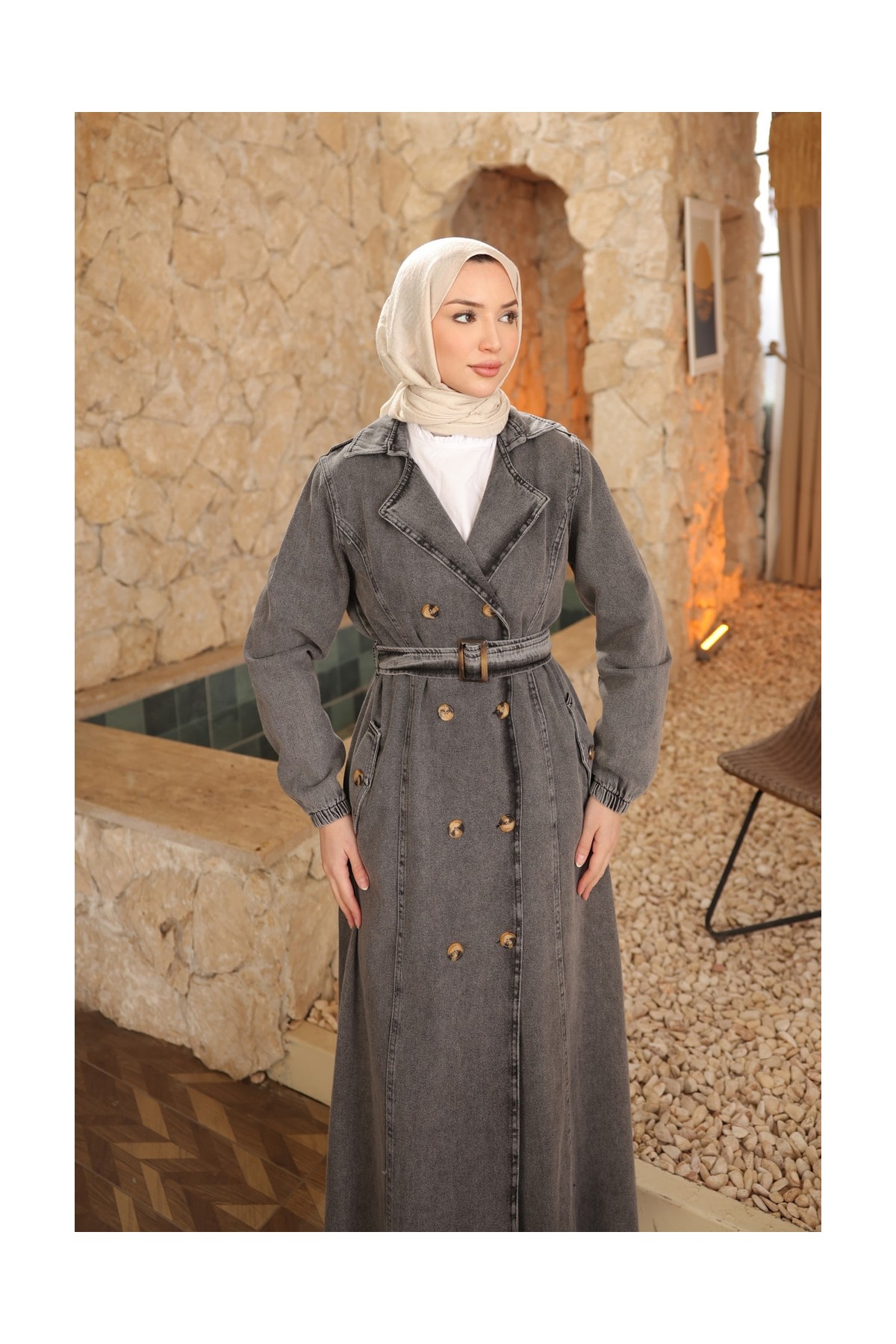 İmaj Butik Lacivert Kravuze Yaka Düğmeli Trençkot görsel 4
