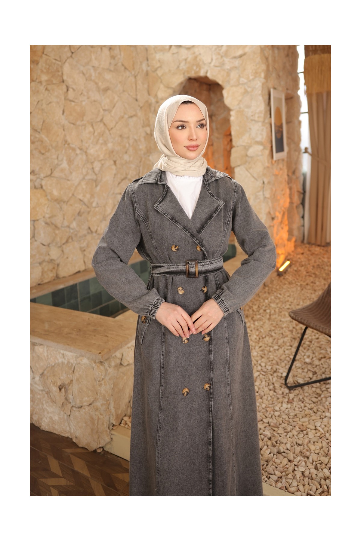 İmaj Butik Lacivert Kravuze Yaka Düğmeli Trençkot görsel 5