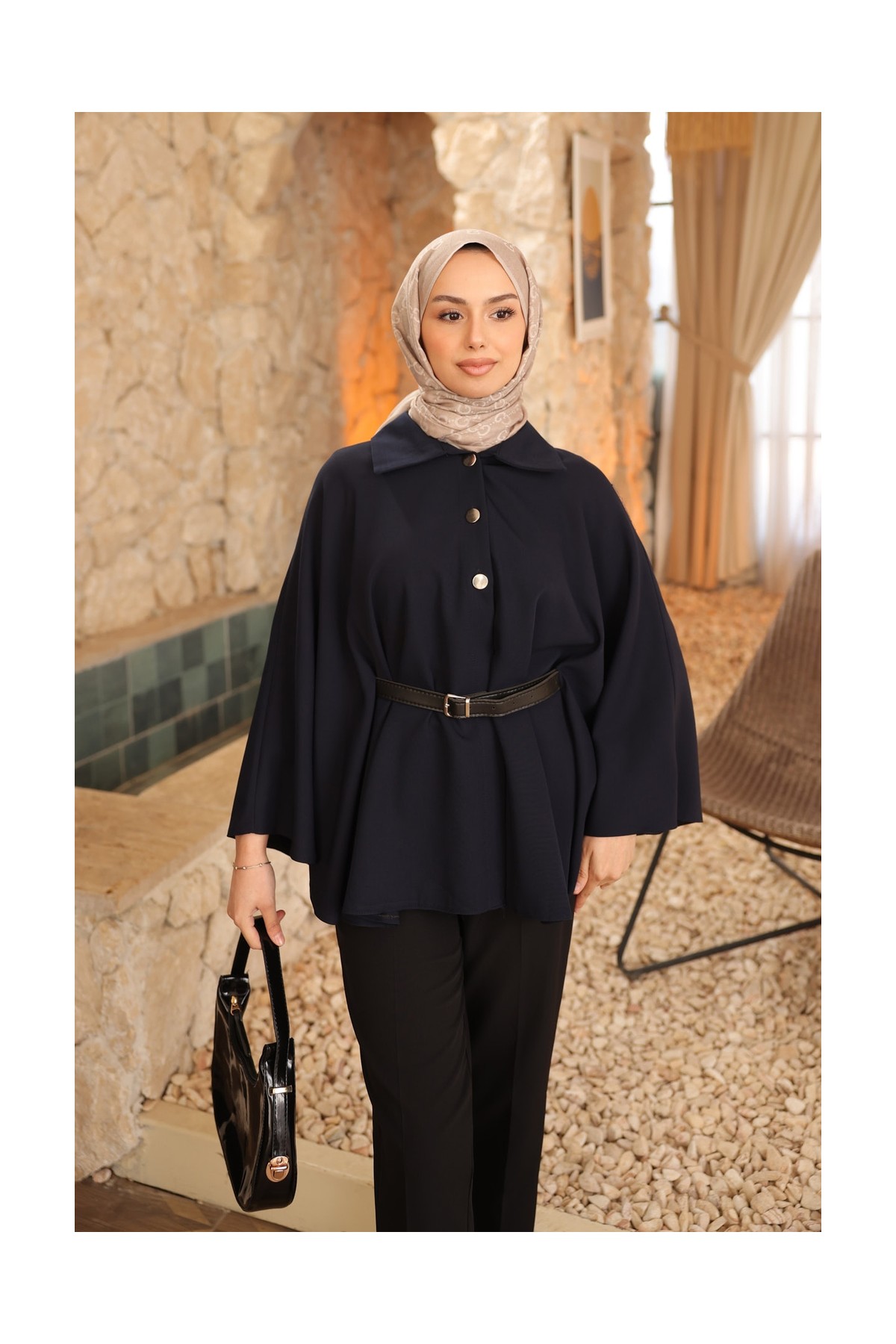 İmaj Butik Bordo Kemerli Düğmeli Dabıl Panço