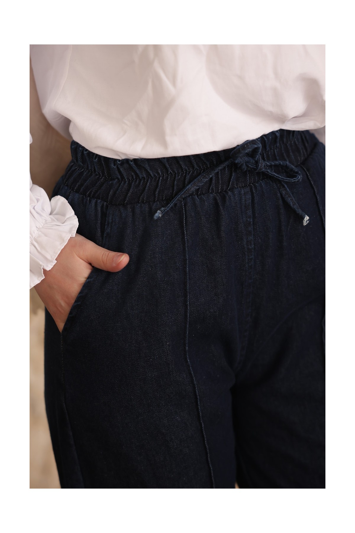 İmaj Butik Lacivert Bel Lastikli Çimalı Kot Pantolon görsel 3