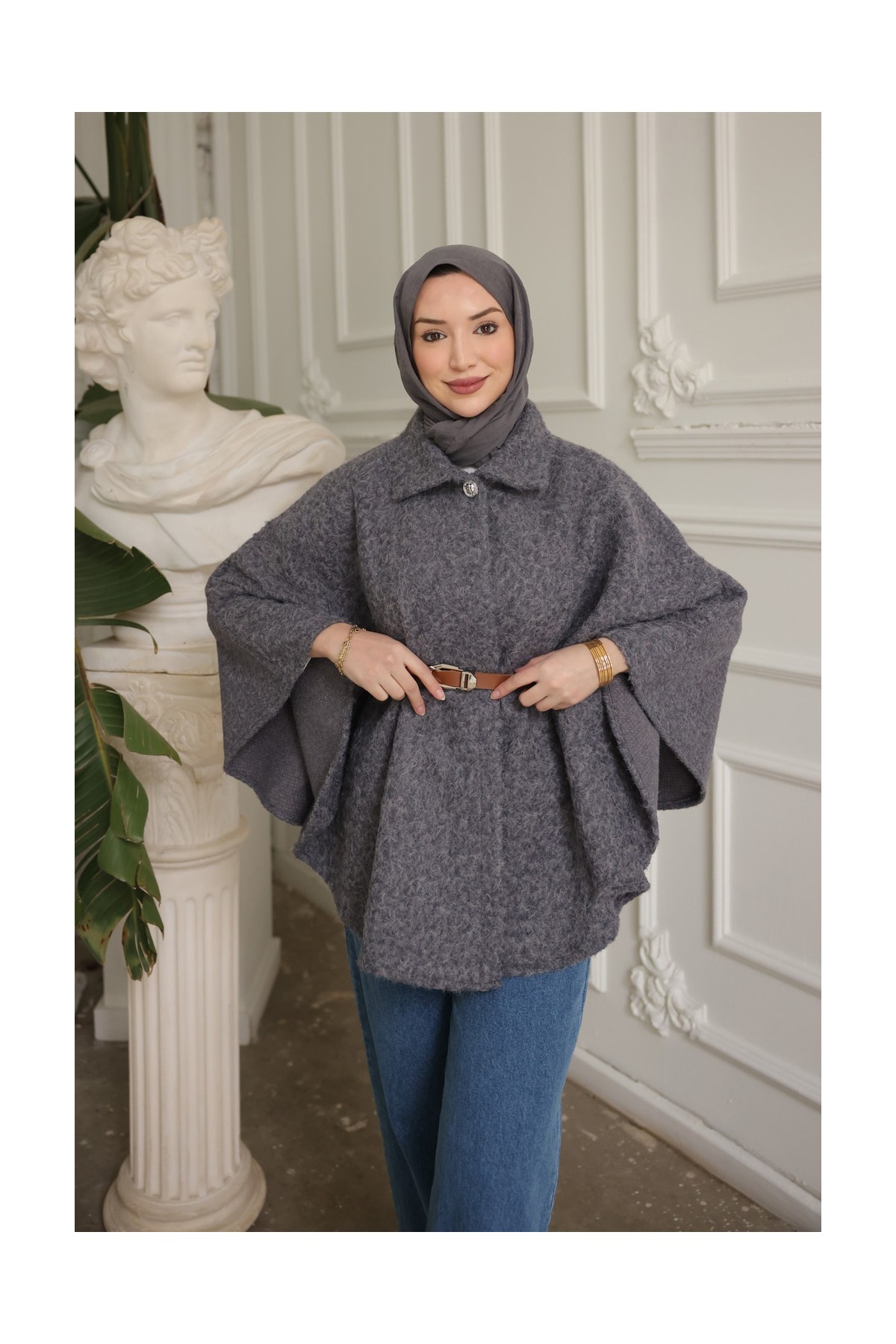 İmaj Butik Füme Kemerli Kaşe Panço