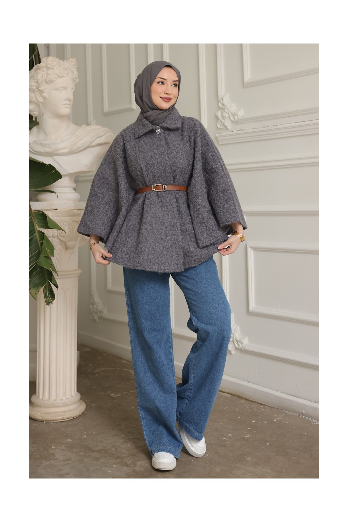 İmaj Butik Füme Kemerli Kaşe Panço görsel 2