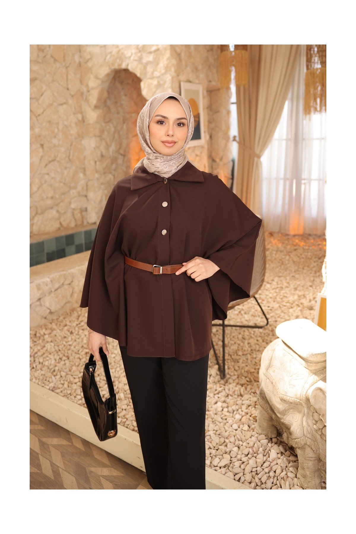 İmaj Butik Bordo Kemerli Düğmeli Dabıl Panço görsel 8