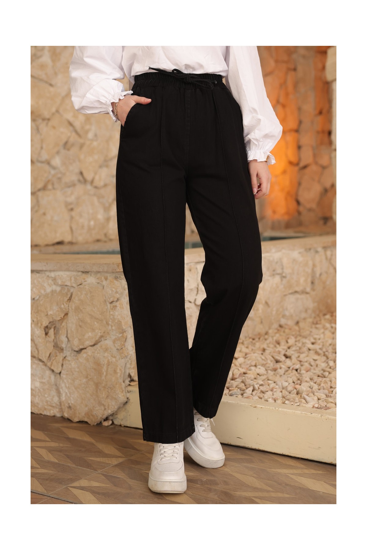 İmaj Butik Lacivert Bel Lastikli Çimalı Kot Pantolon görsel 5