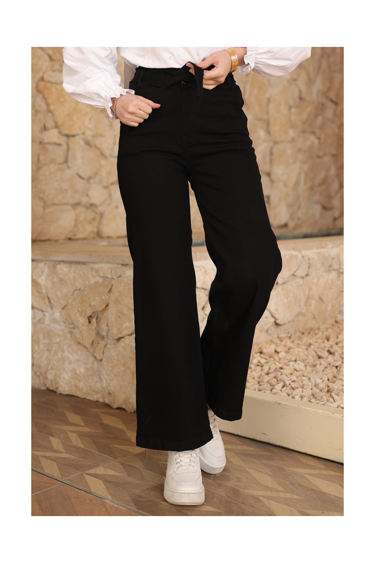 İmaj Butik Füme Bel Kuşaklı Bol Paça Kot Pantolon görsel 4