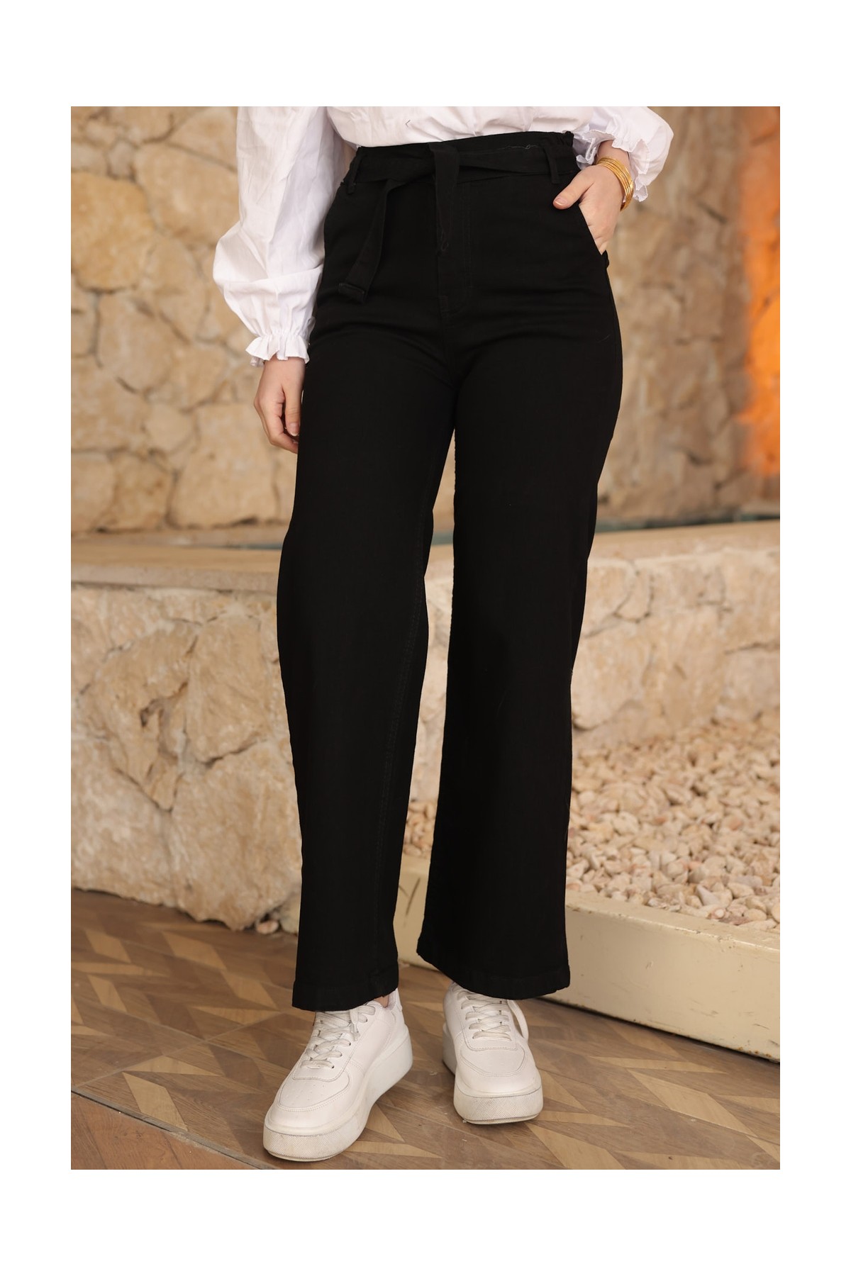 İmaj Butik Füme Bel Kuşaklı Bol Paça Kot Pantolon görsel 5
