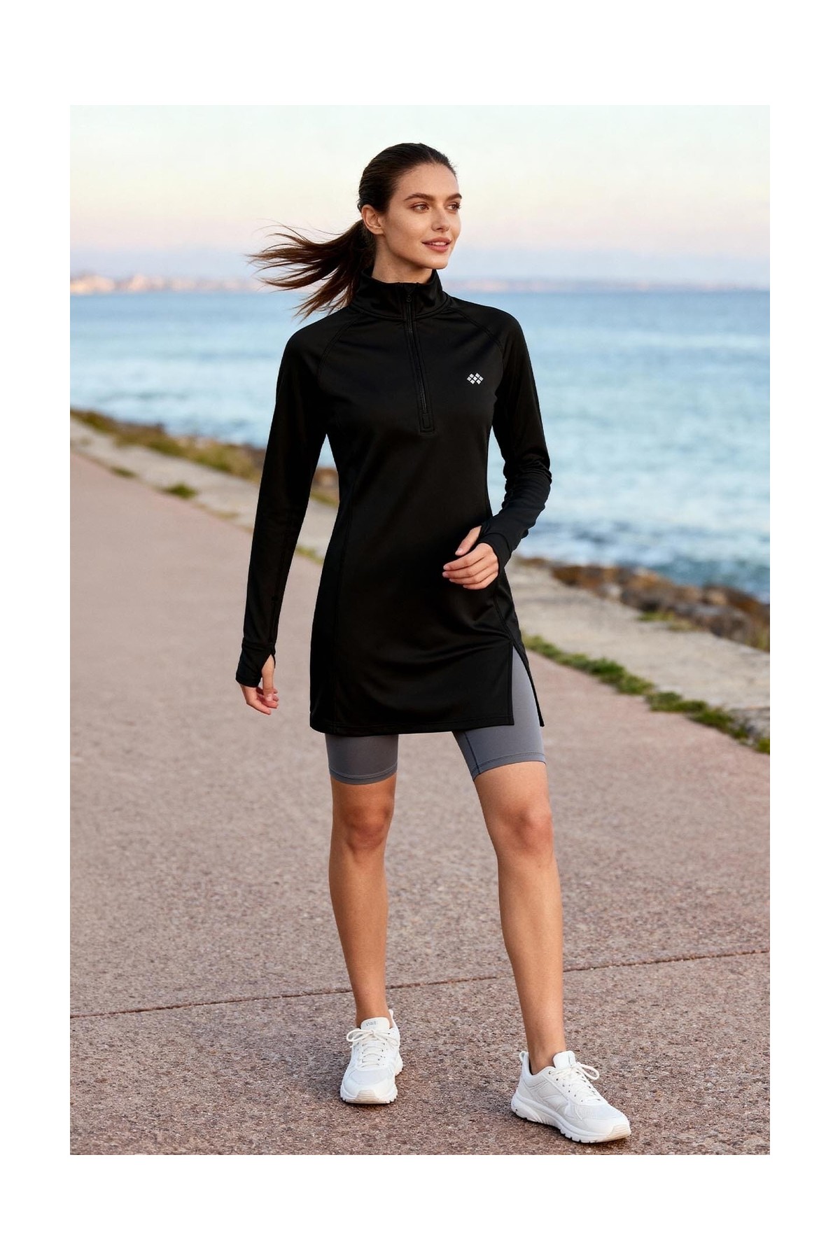 Tommy Life Siyah Yarım Fermuarlı Dik Yaka Standart Kalıp Kadın Sporcu Tunik - 97309 görsel 4
