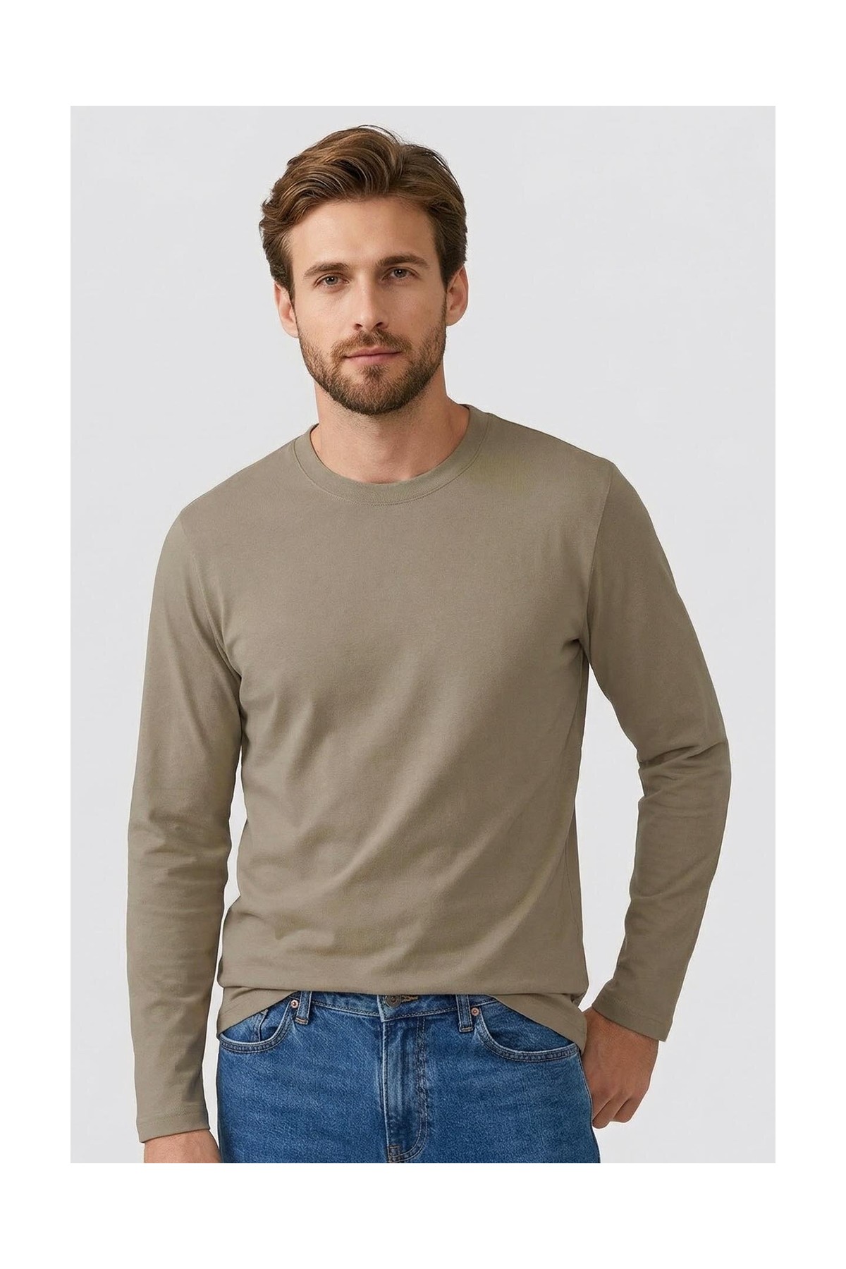 Tommy Life Koyu Bej Standart Fit Basic O Yaka Uzun Kollu İnce Erkek T-Shirt - 87997 görsel 8