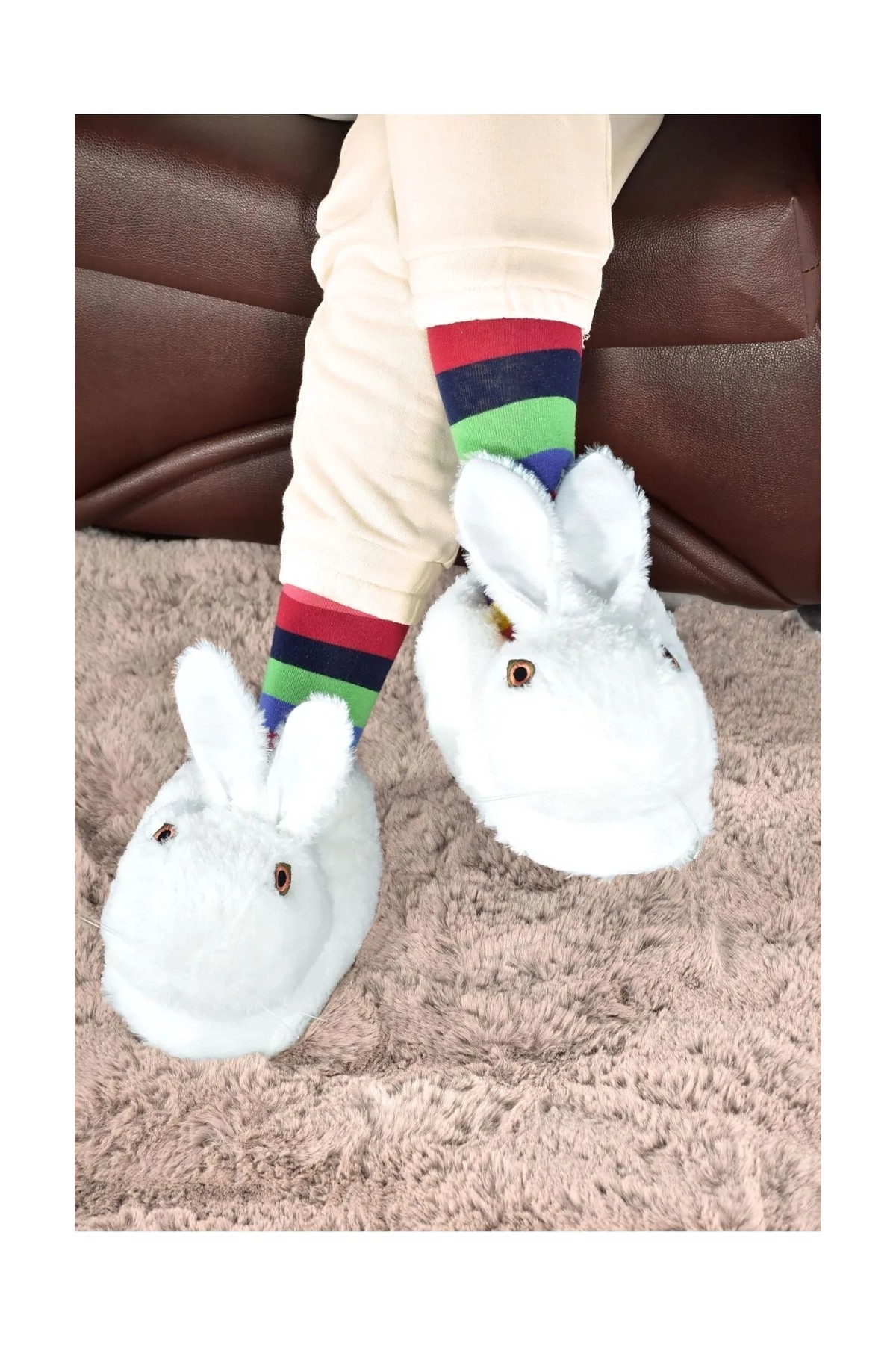 Slipcat Lila Tavşan Figürlü Peluş Panduf Unisex Yumuşak EVA Tabanlı Rahat Ev Ayakkabısı