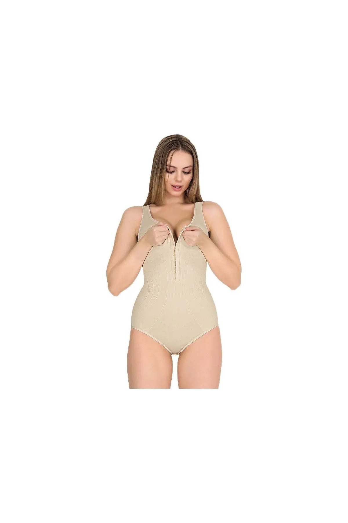 Lüx Wood Kalın Askılı Çıtçıtlı Zayıflatan Toparlayıcı Badi Korse Bej Renk L - XL Kadın Kullanımı İçin