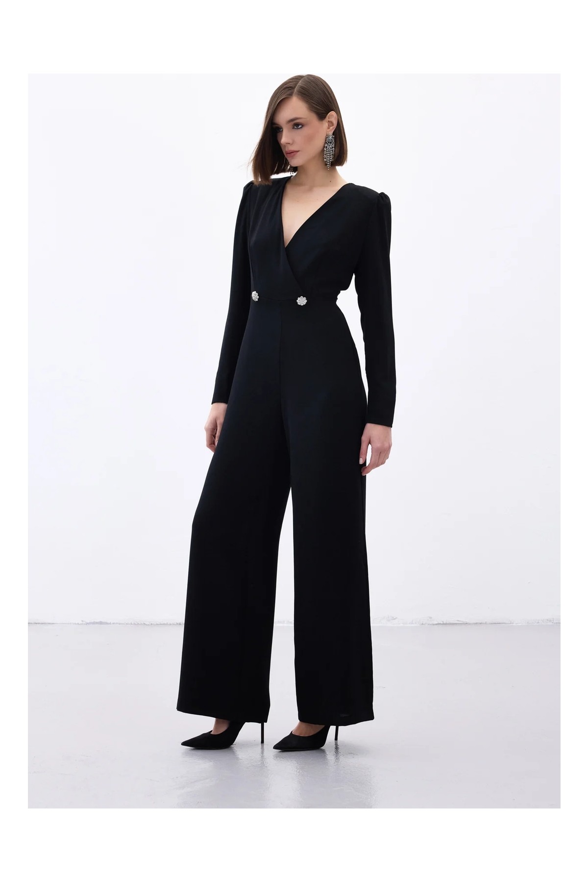 Sateen Kruvaze Süs Taşlı Krep Tulum - Siyah görsel 6