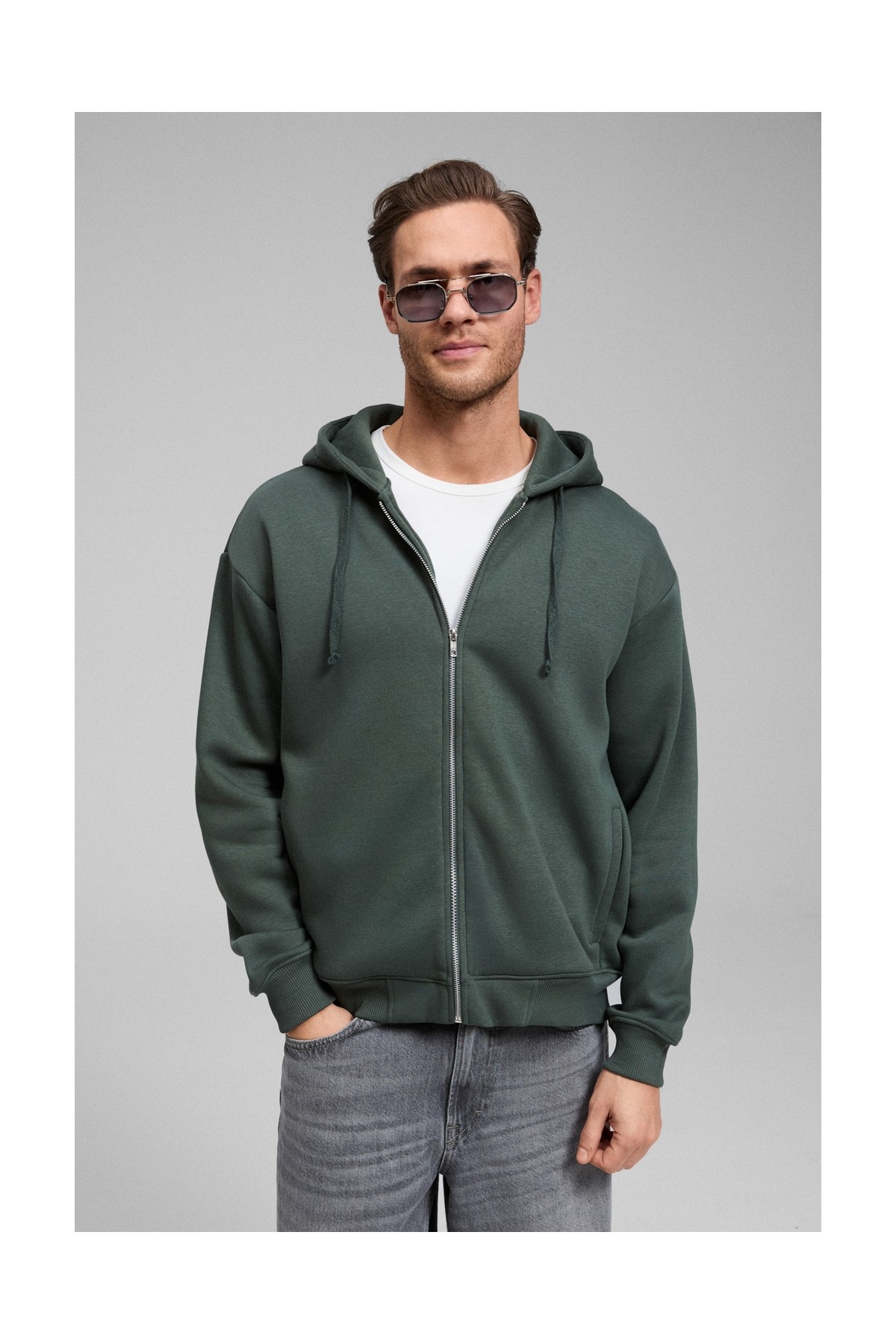 Grimelange ASHBY Erkek Kapüşonlu Fermuarlı Cepli Kordonlu Boxy Kalıp Acı Kahve Sweatshirt