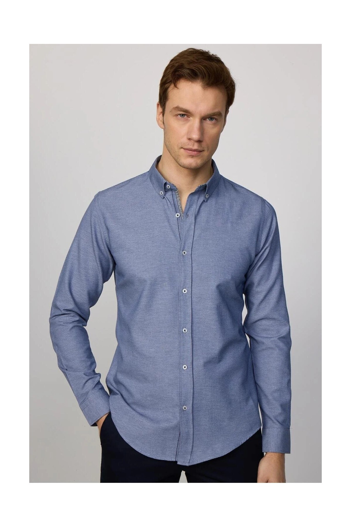 Tudors Slim Fit Uzun Kollu Düğmeli Yaka Pamuklu Kolay Ütü Düz Erkek Gömlek