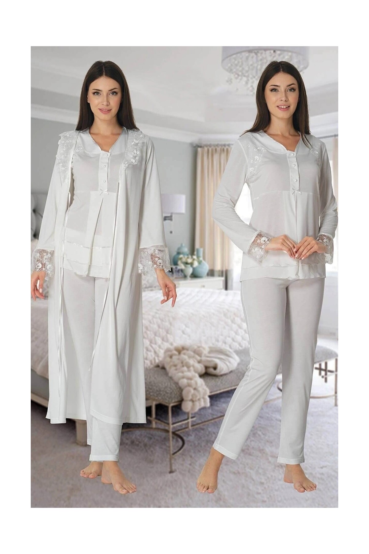 Çamaşır Kenti Effortt 2424 Uzun Dantel Sabahlıklı Lohusa Pijama
