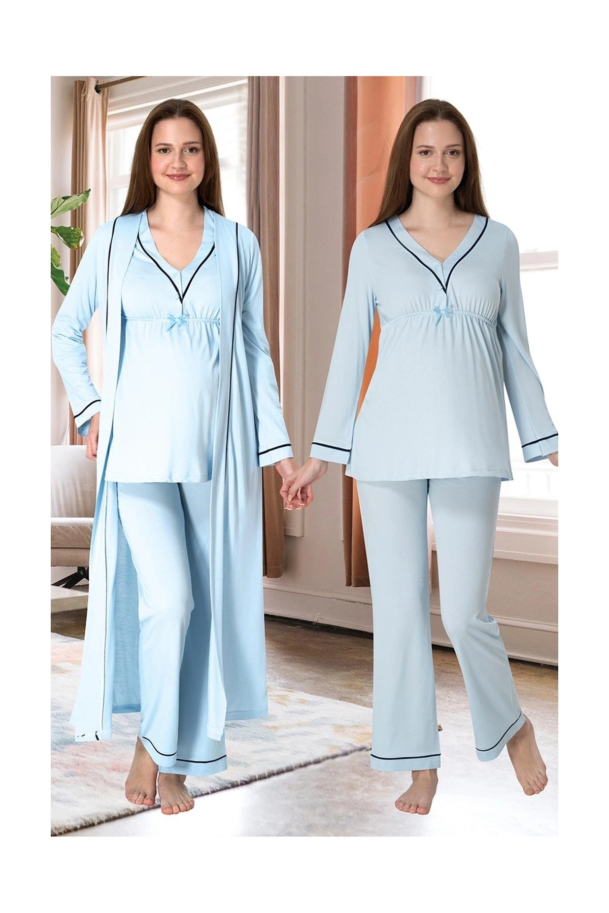 Çamaşır Kenti Effortt 4054 Biye Detaylı Sabahlıklı Lohusa Pijama Takımı