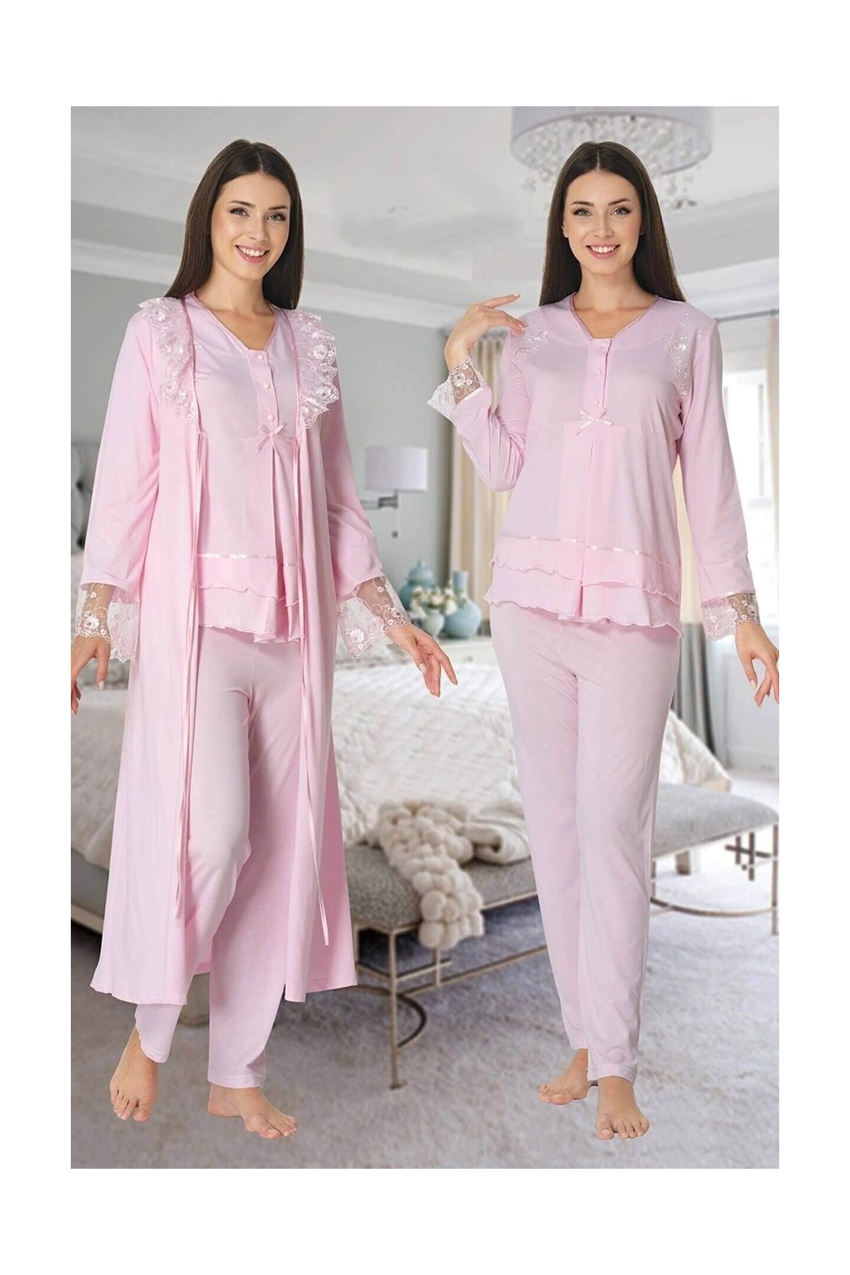 Çamaşır Kenti Effortt 2424 Uzun Dantel Sabahlıklı Lohusa Pijama görsel 2