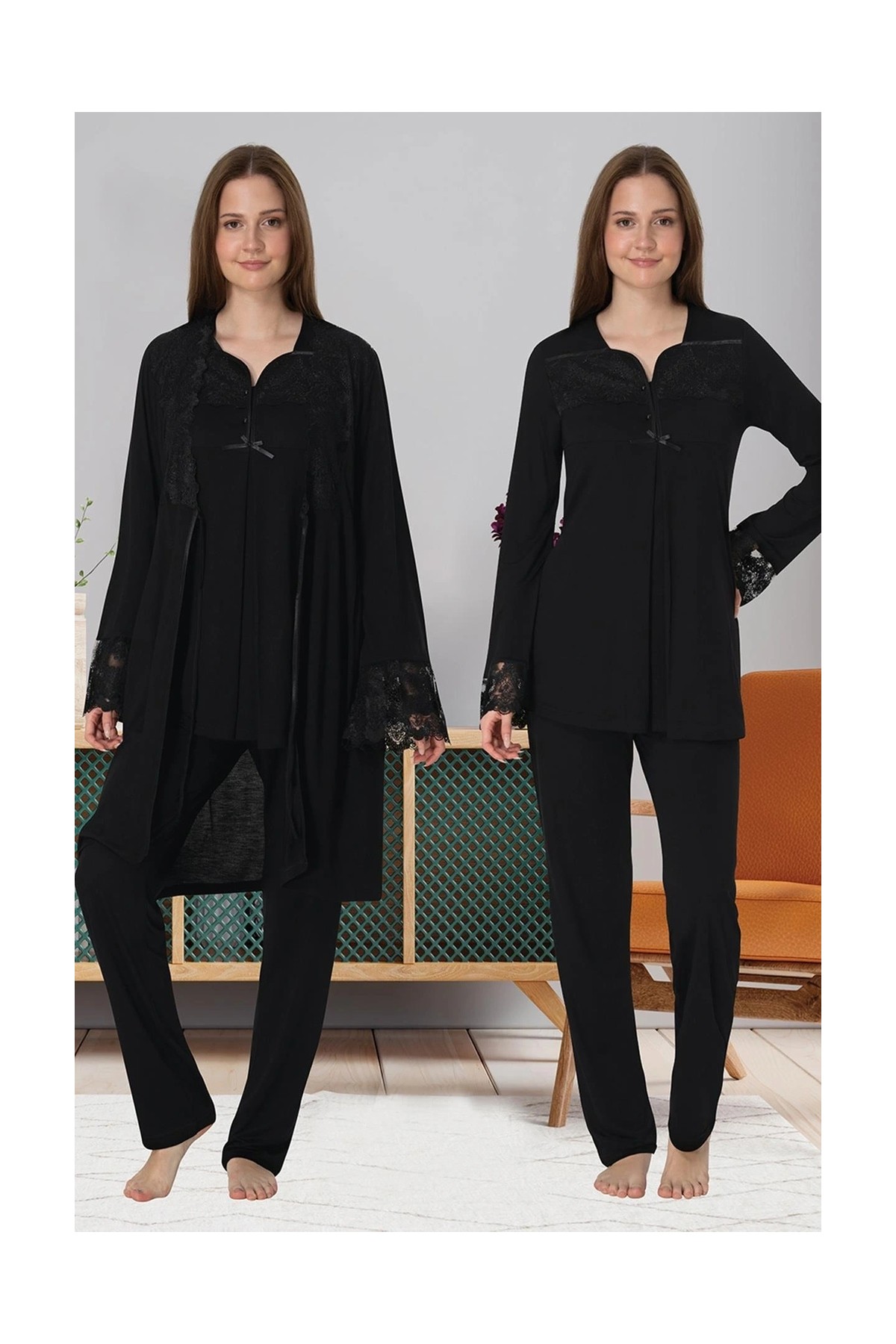 Çamaşır Kenti Effortt 4084 Dantelli Sabahlıklı Lohusa Pijama Takımı