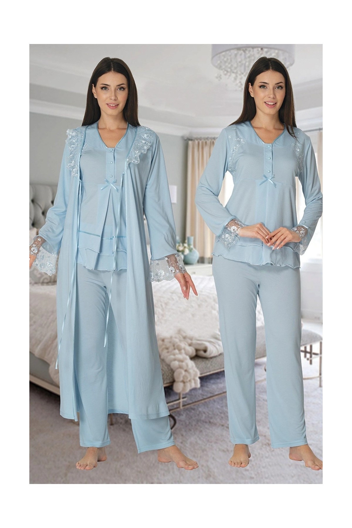 Çamaşır Kenti Effortt 2424 Uzun Dantel Sabahlıklı Lohusa Pijama görsel 3