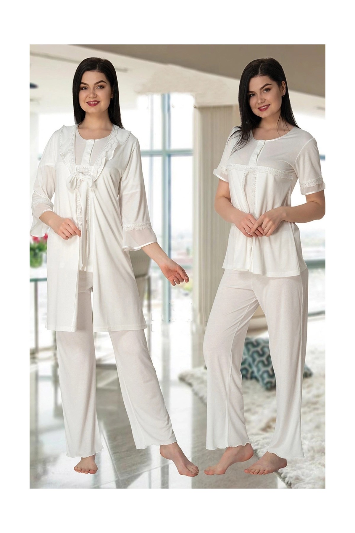 Çamaşır Kenti Effortt 4074 Kolları Volanlı Sabahlıklı Lohusa Pijama Takımı