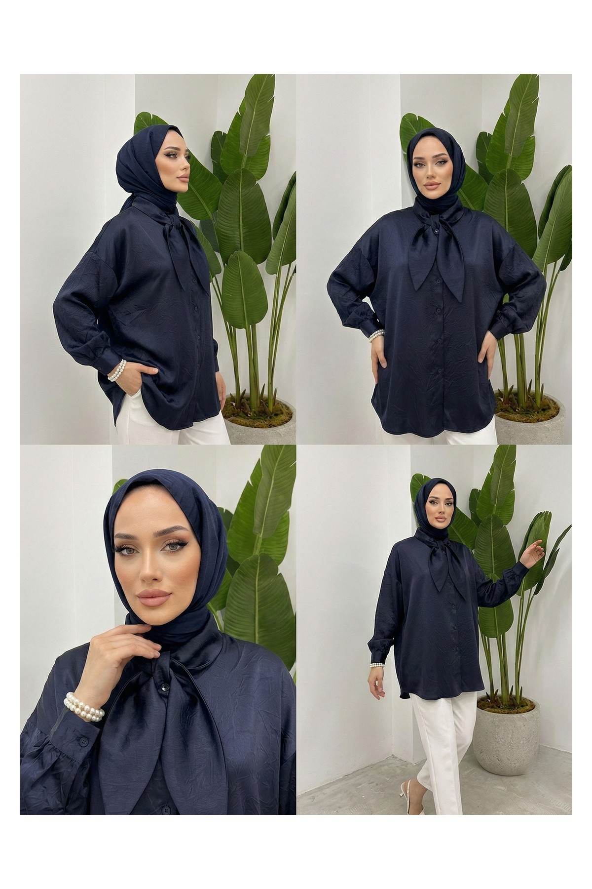 Foremia Yaka Detay Saten Tunik-Lacivert - görsel 5