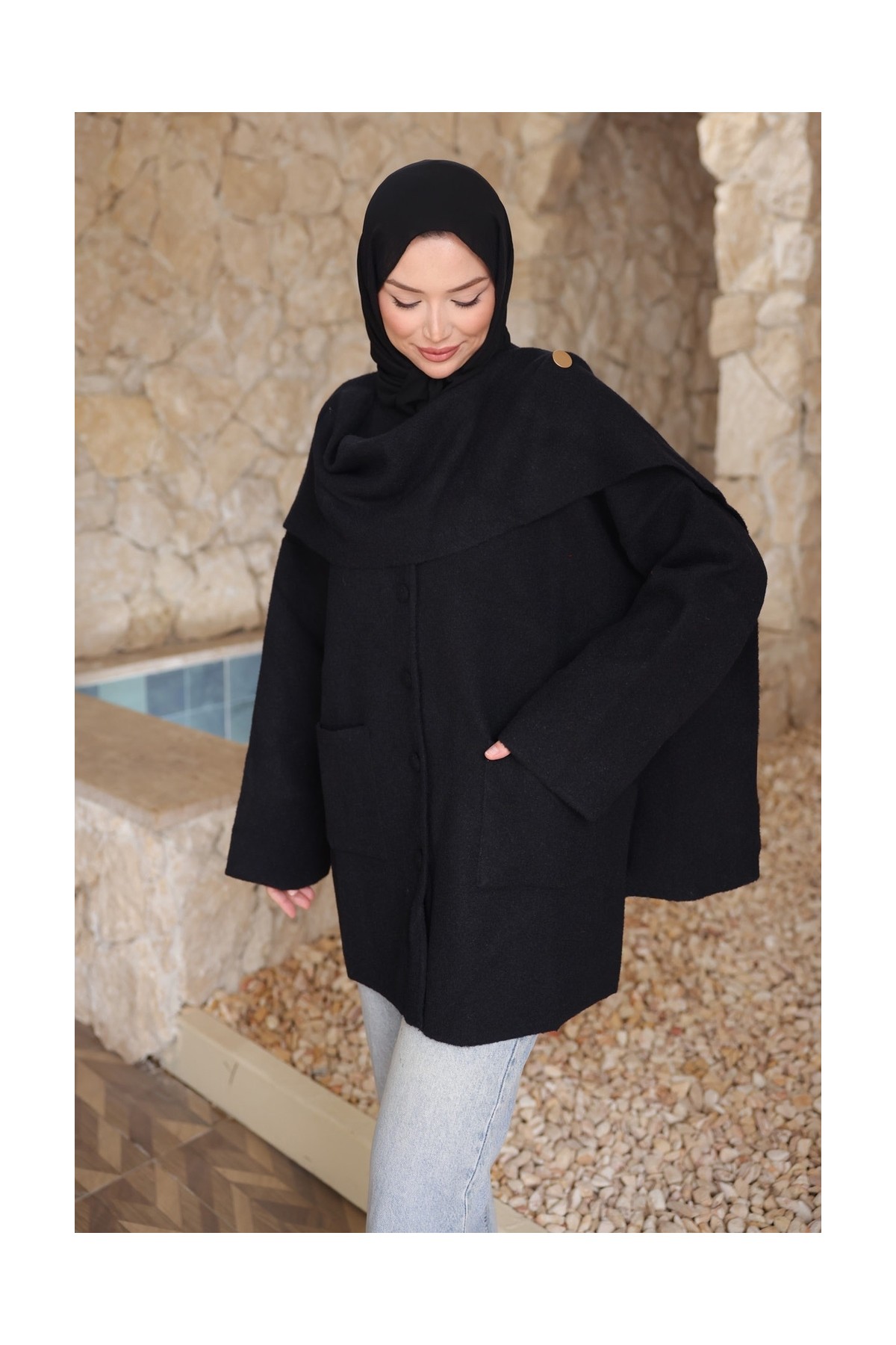 İmaj Butik Bordo Şal Detaylı Düğmeli Angora Hırka