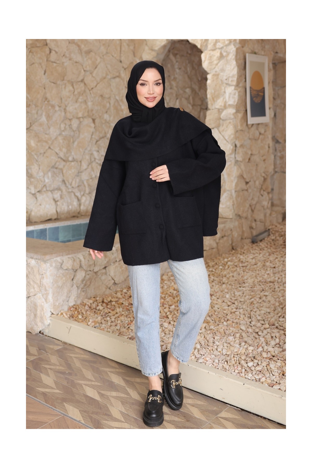 İmaj Butik Bordo Şal Detaylı Düğmeli Angora Hırka görsel 2