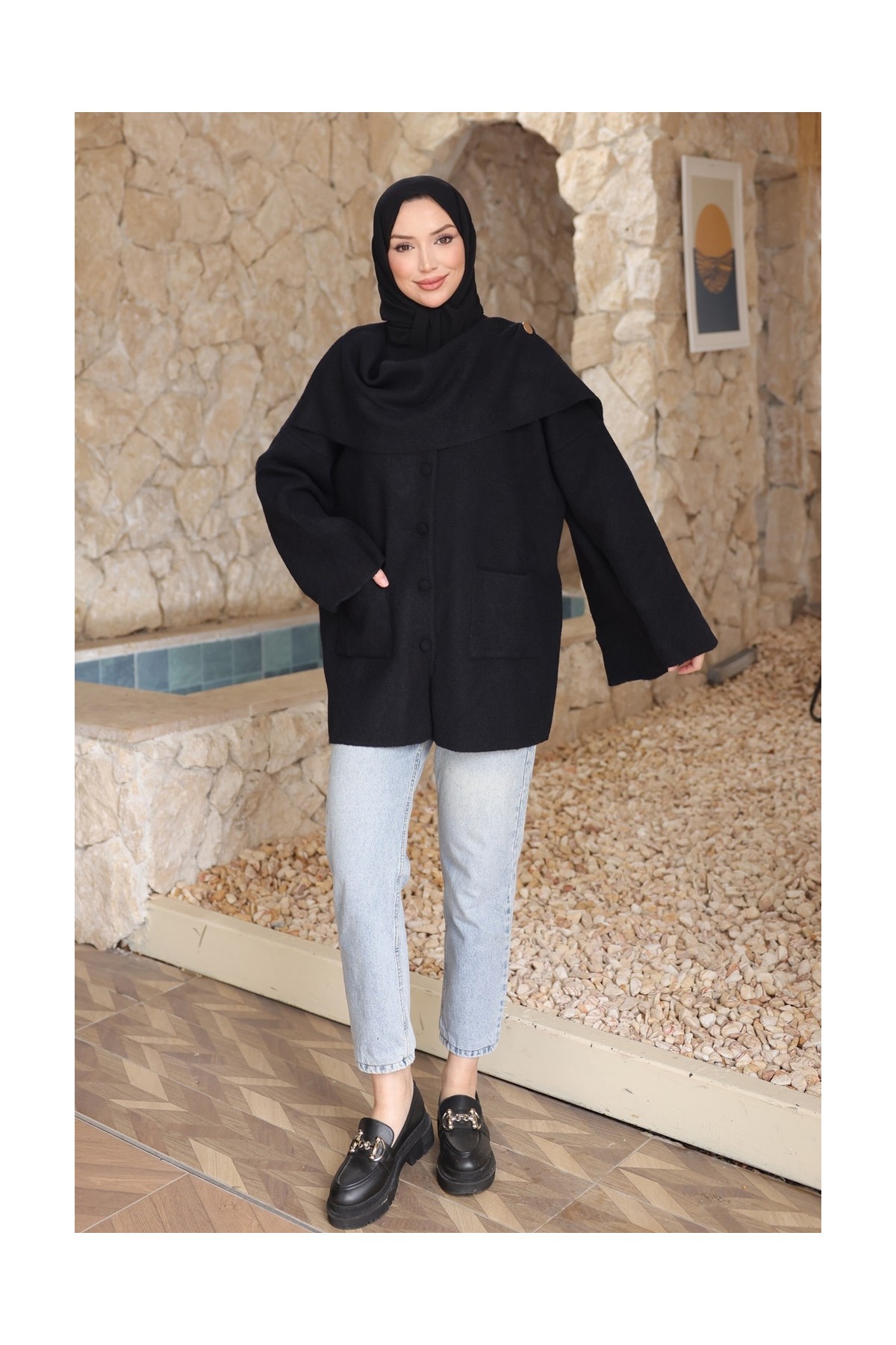 İmaj Butik Bordo Şal Detaylı Düğmeli Angora Hırka görsel 3