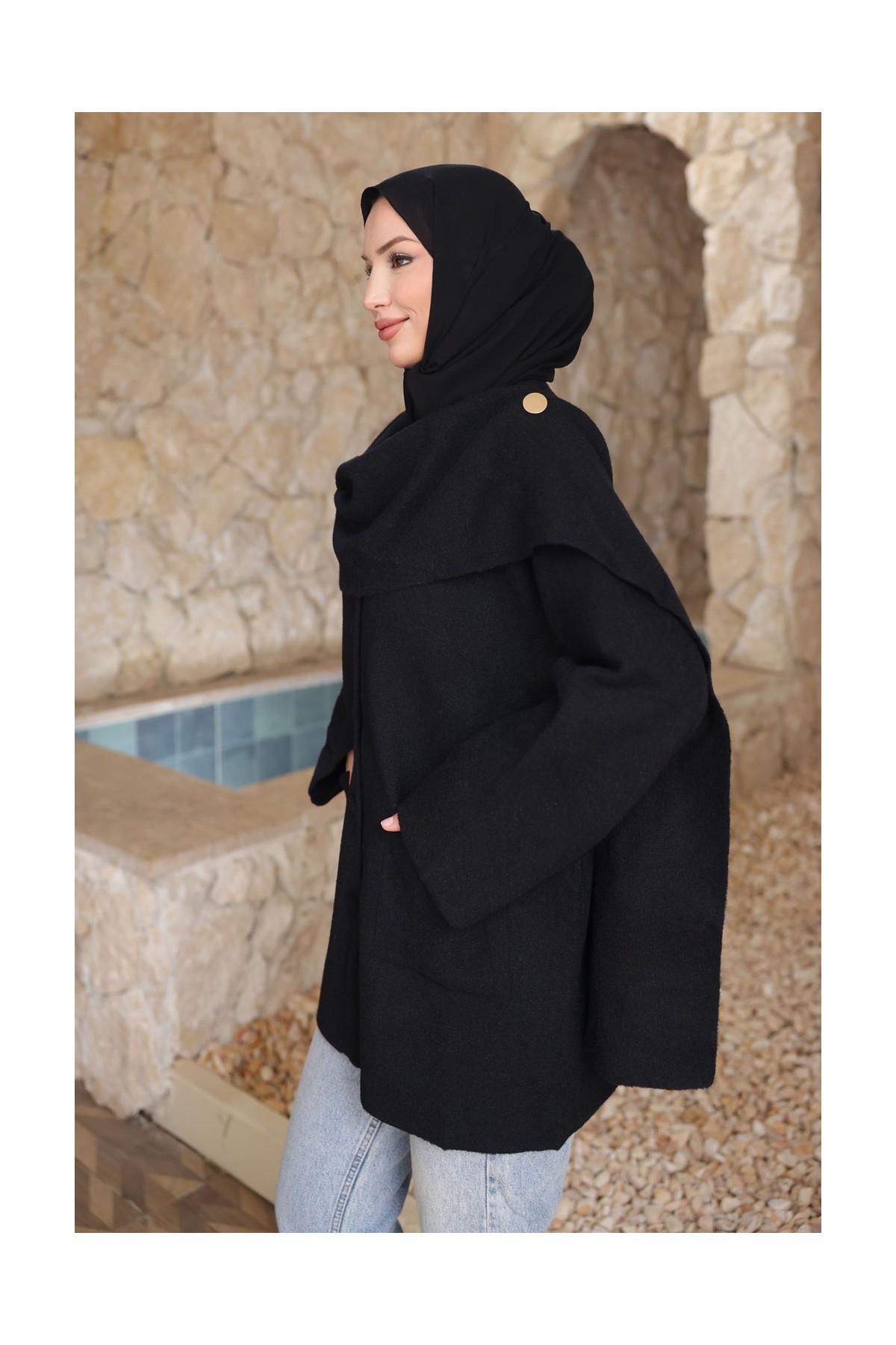 İmaj Butik Bordo Şal Detaylı Düğmeli Angora Hırka görsel 4