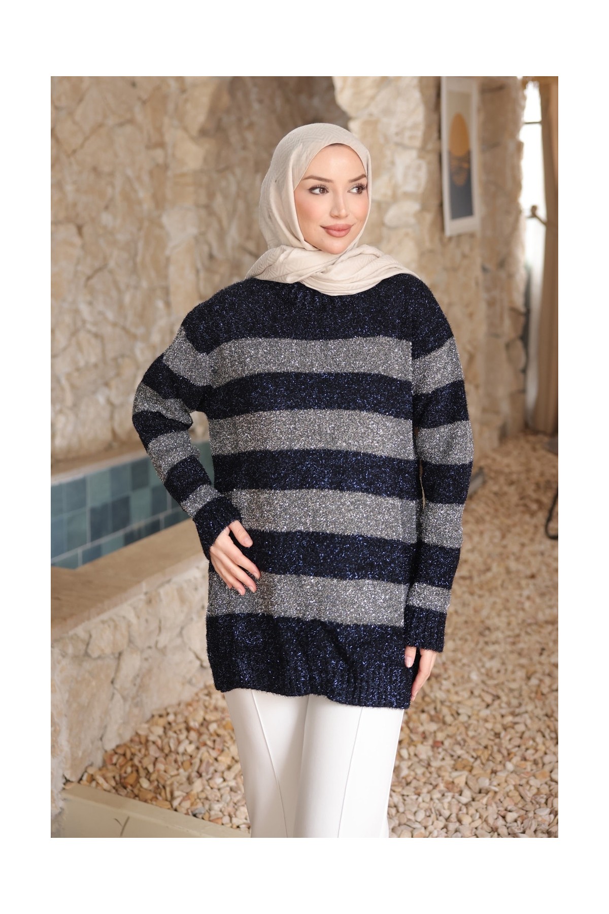 İmaj Butik Siyah/mor Simli Çizgili Triko Kazak görsel 7
