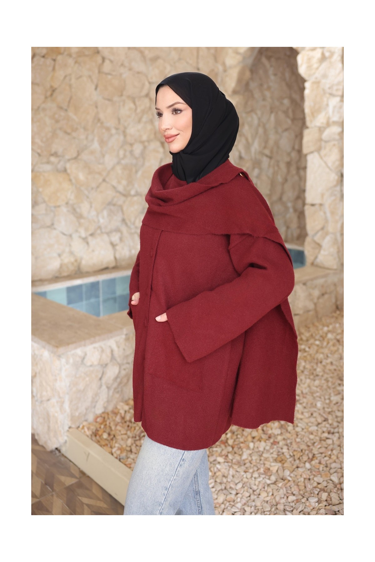 İmaj Butik Bordo Şal Detaylı Düğmeli Angora Hırka görsel 6