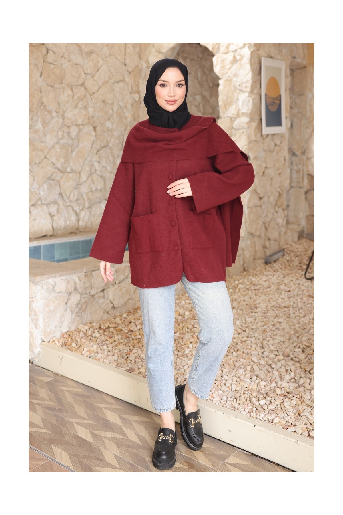 İmaj Butik Bordo Şal Detaylı Düğmeli Angora Hırka görsel 7