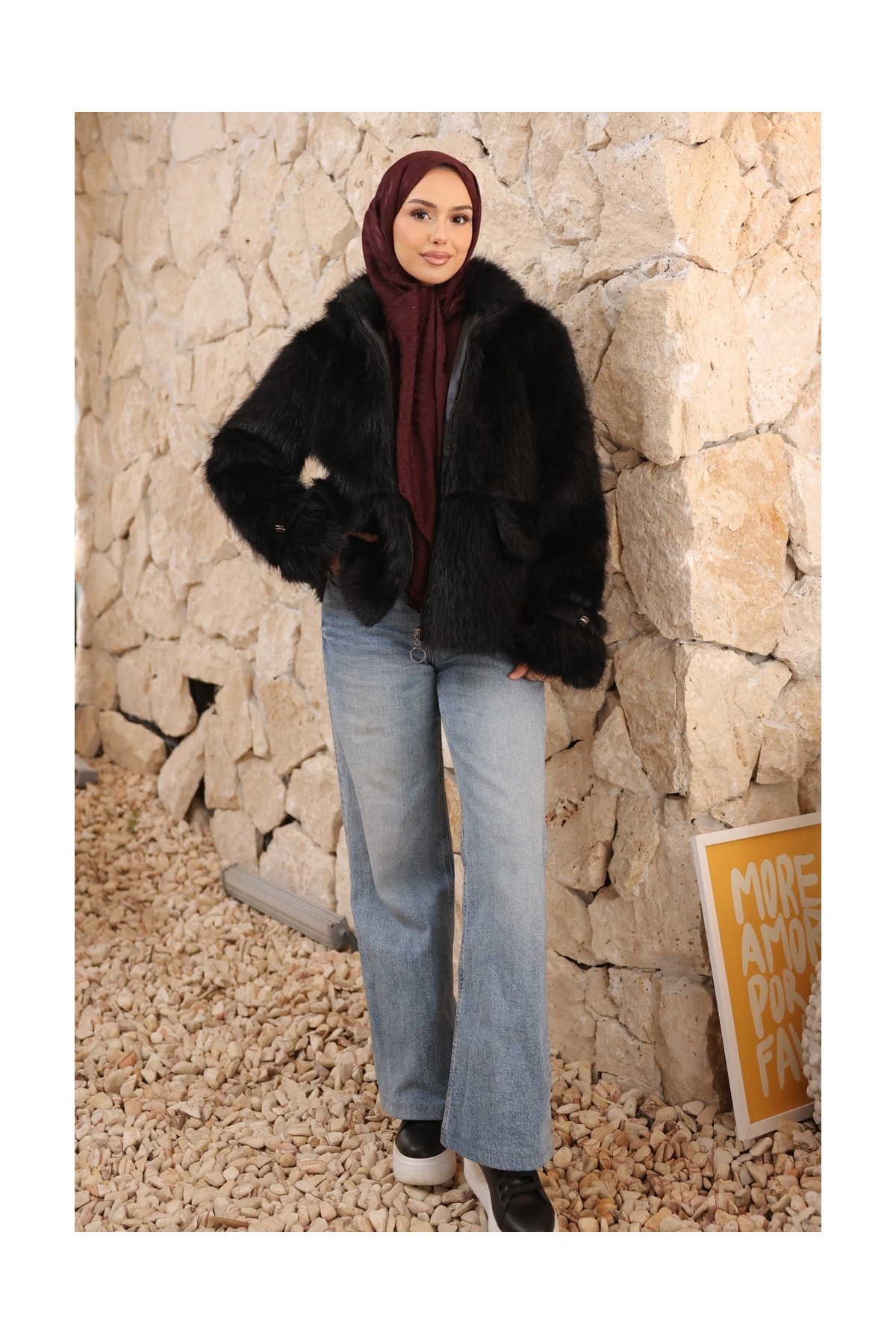 İmaj Butik Siyah Fermuarlı Astarlı Kısa Kürk Kaban görsel 2