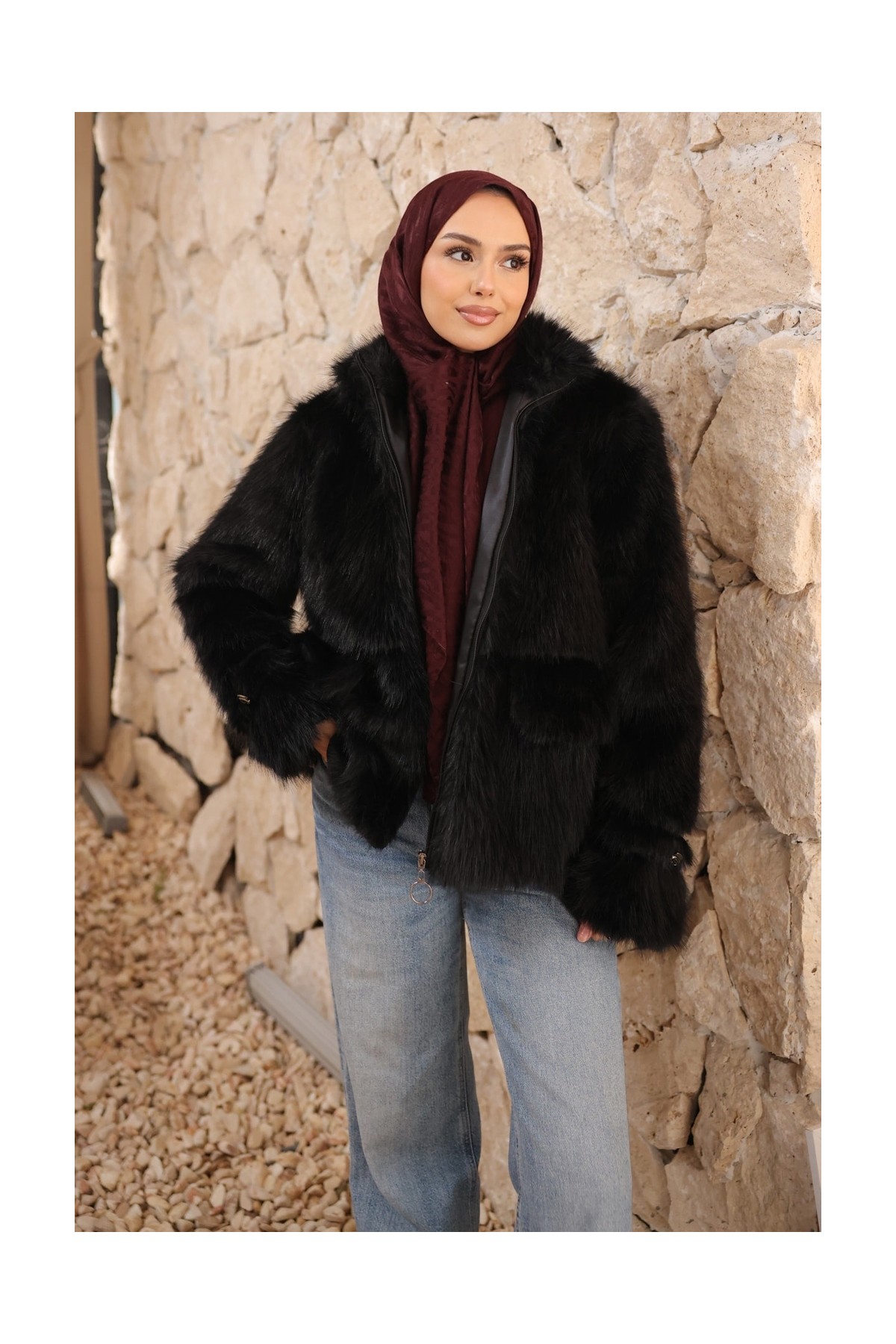 İmaj Butik Siyah Fermuarlı Astarlı Kısa Kürk Kaban görsel 4