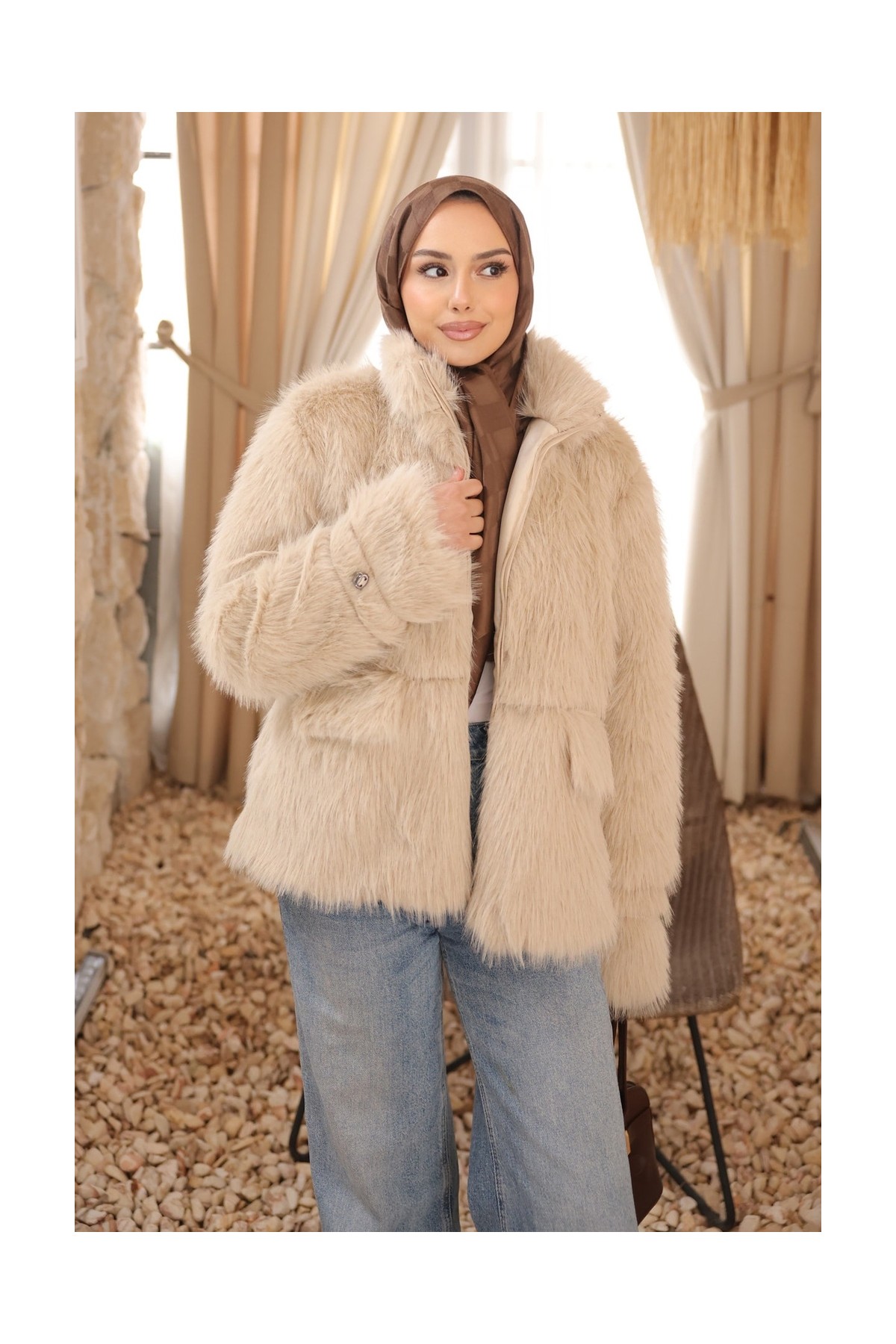 İmaj Butik Siyah Fermuarlı Astarlı Kısa Kürk Kaban görsel 5