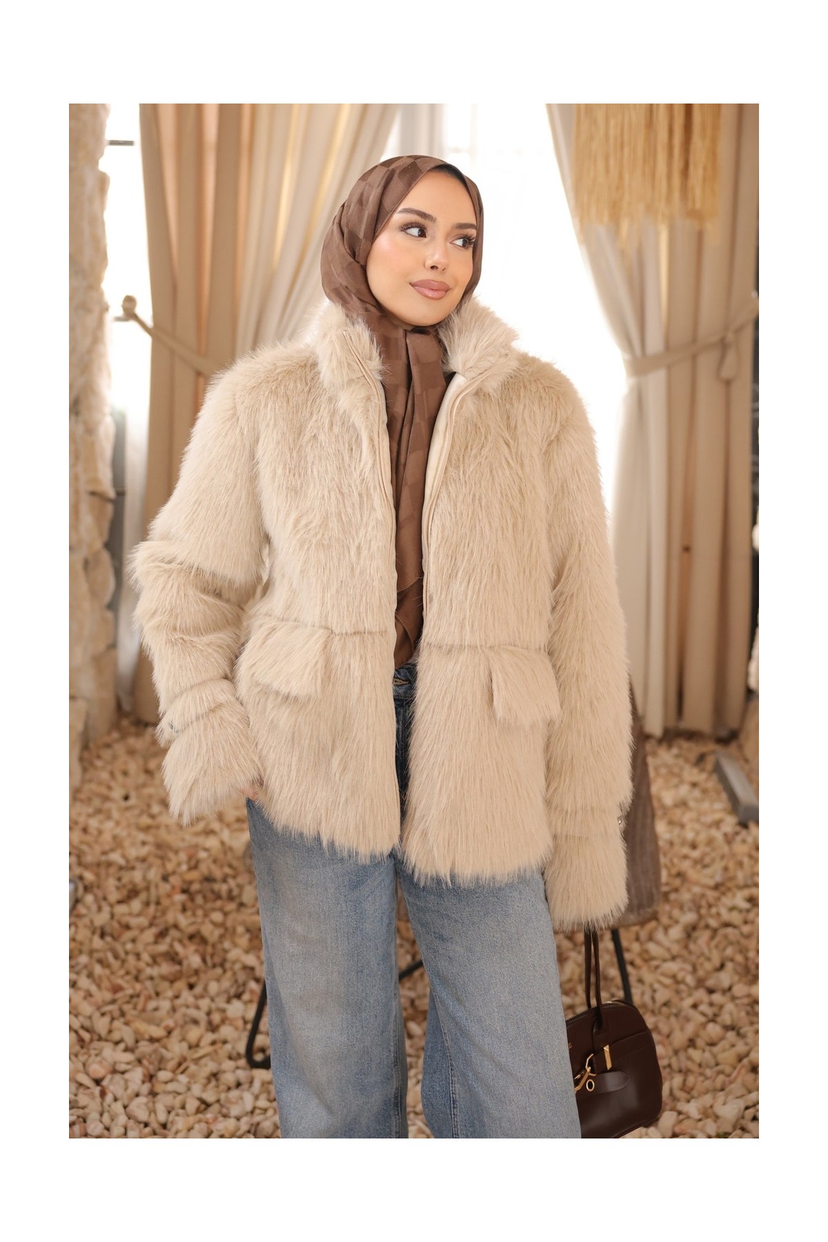 İmaj Butik Siyah Fermuarlı Astarlı Kısa Kürk Kaban görsel 8