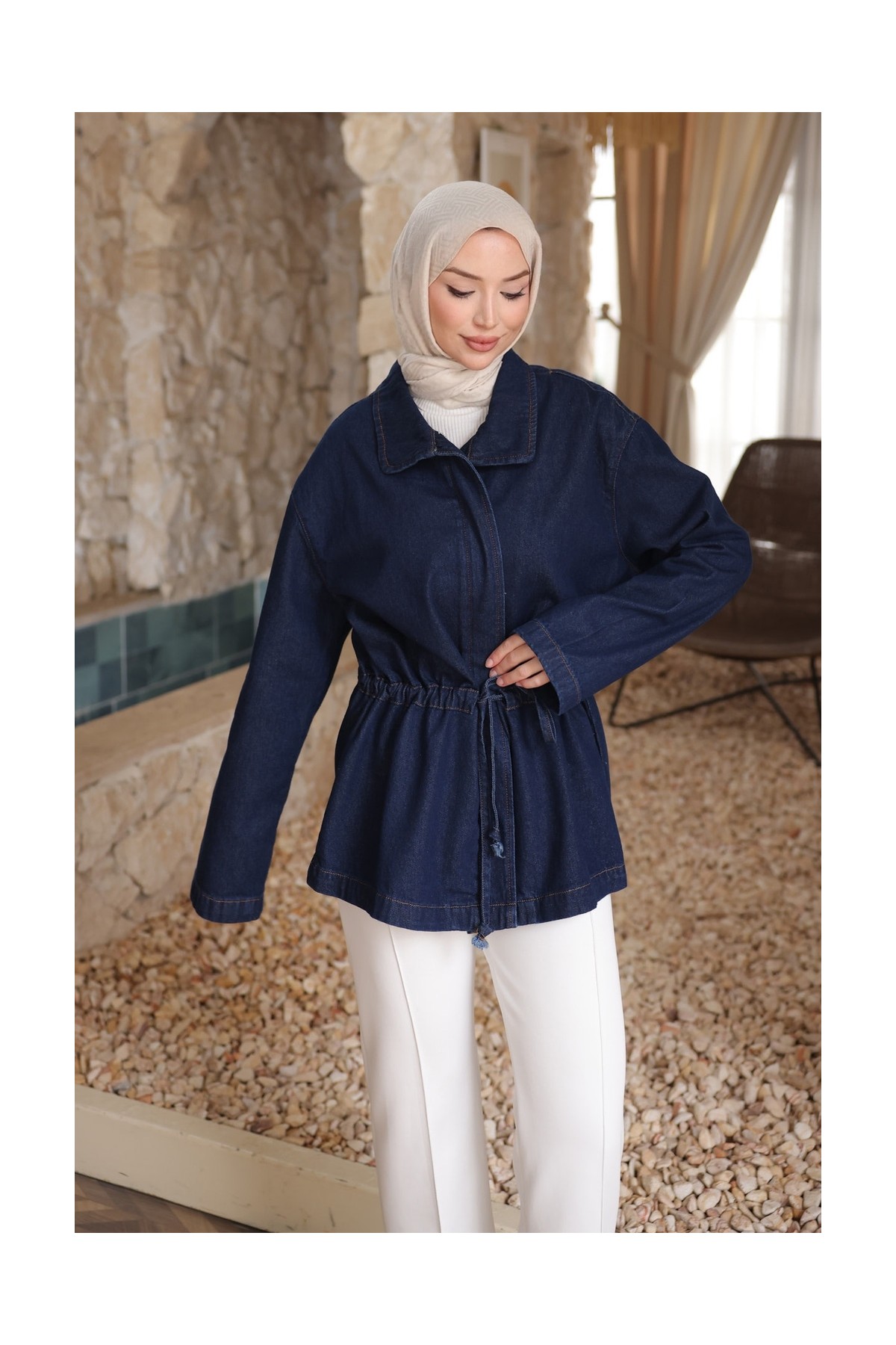 İmaj Butik Lacivert Bel Büzgülü Kot Ceket