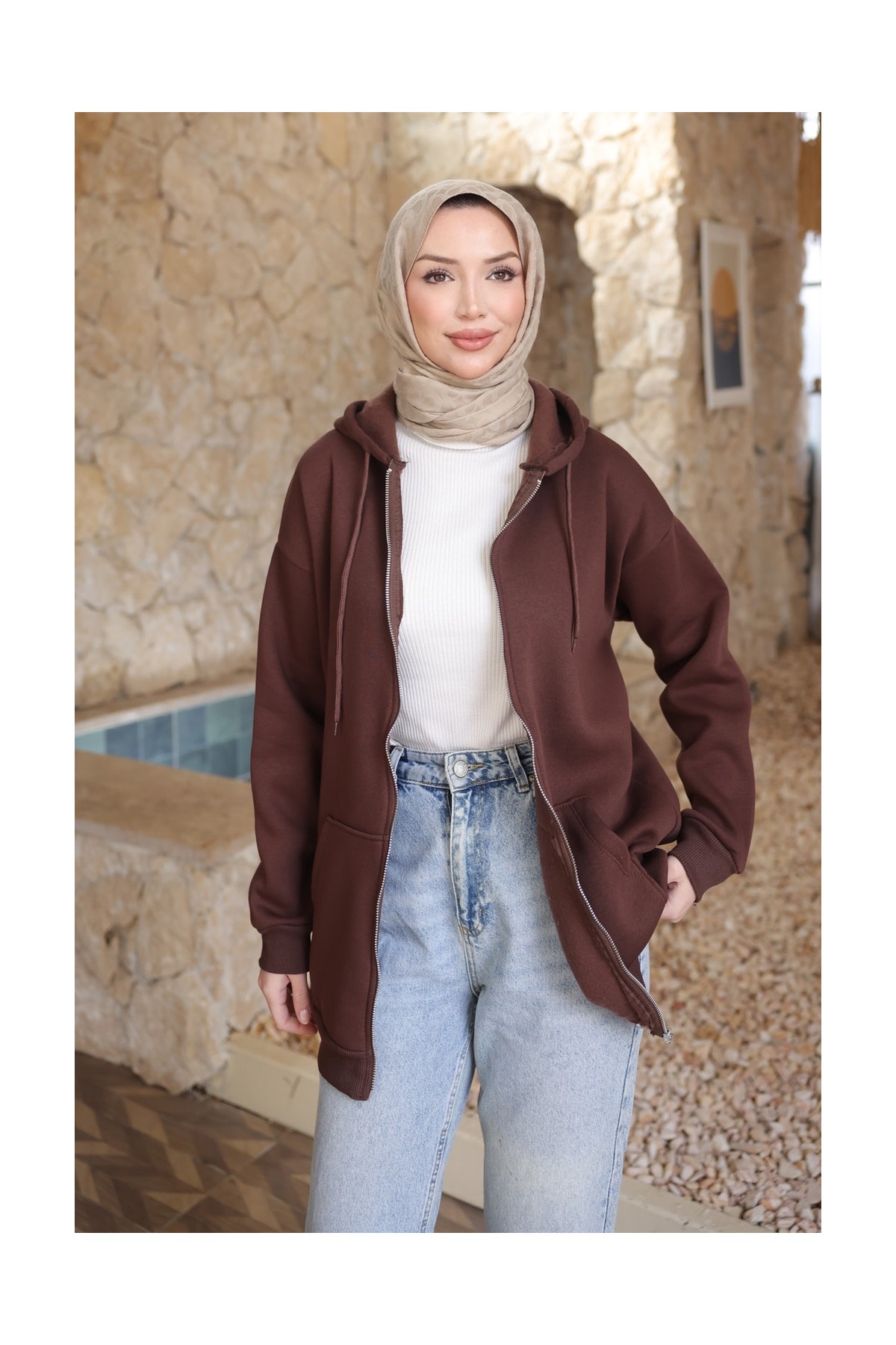 İmaj Butik Ekru Kapşonlu Fermuarlı Üç İplik Cepli Hırka görsel 5
