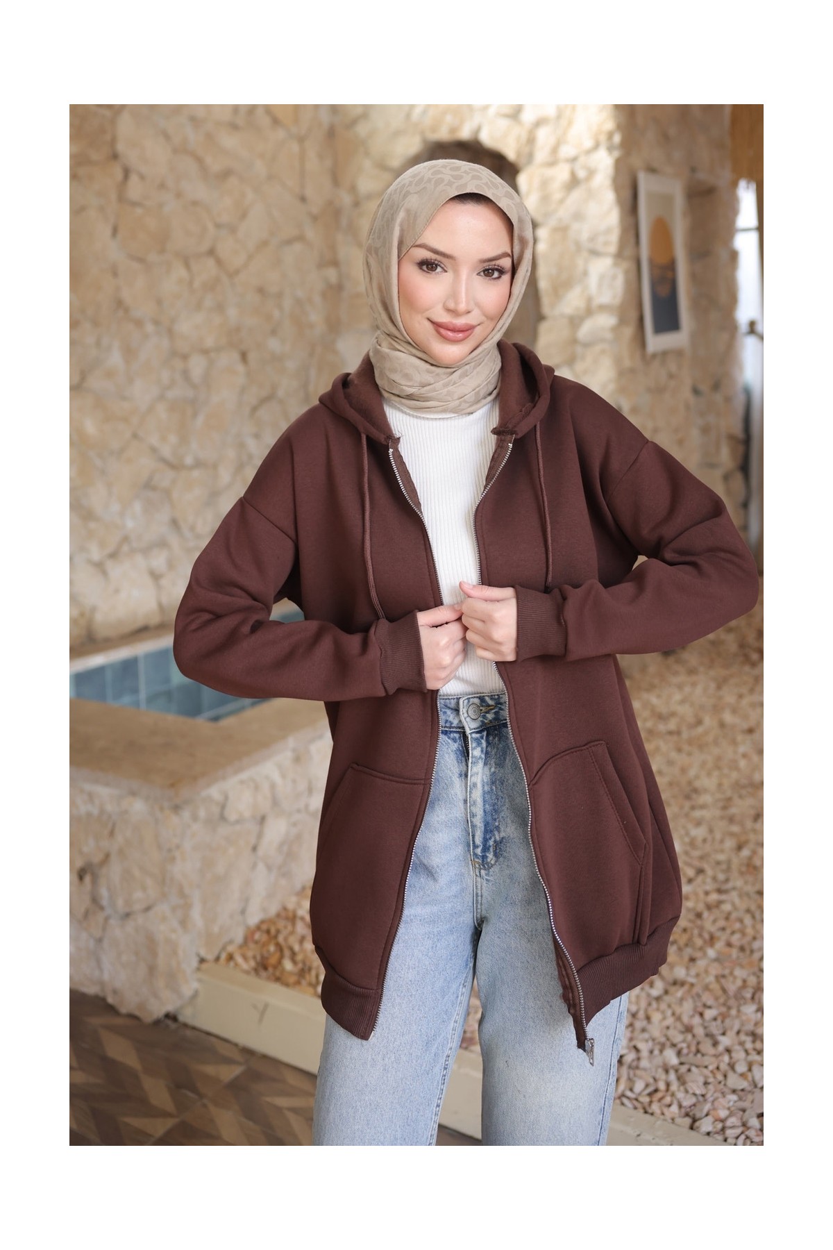 İmaj Butik Ekru Kapşonlu Fermuarlı Üç İplik Cepli Hırka görsel 8