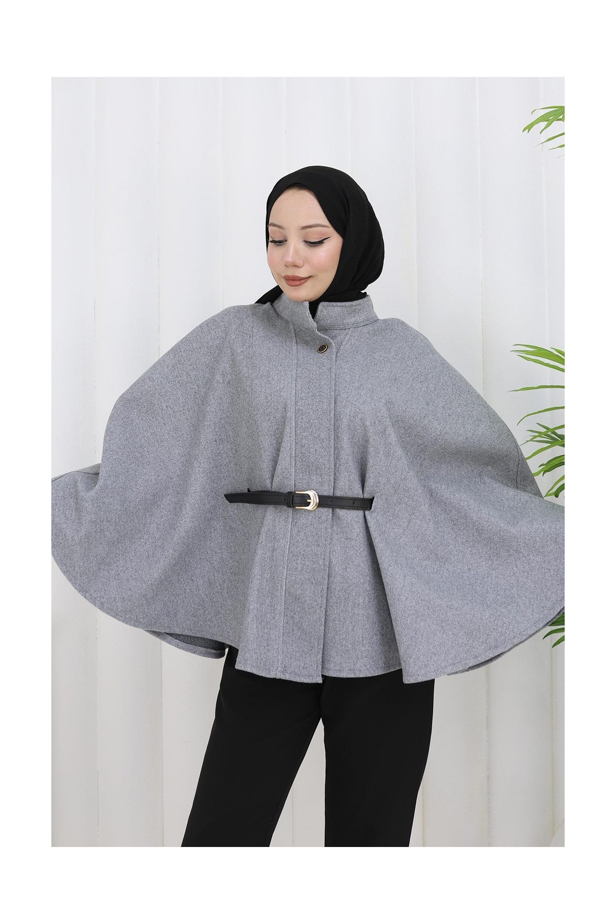 Kemerli Kaşe Panço Gri HM2842 görsel 8