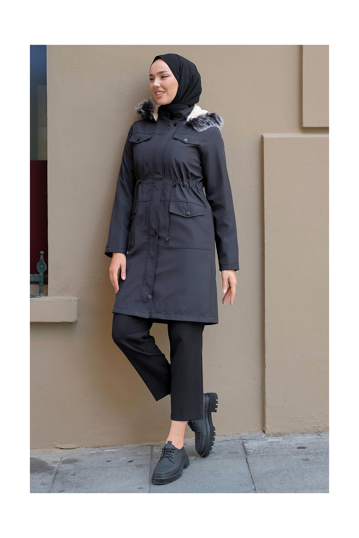 Hafsa Mina Cep Detaylı Mont Siyah HM2287 görsel 6