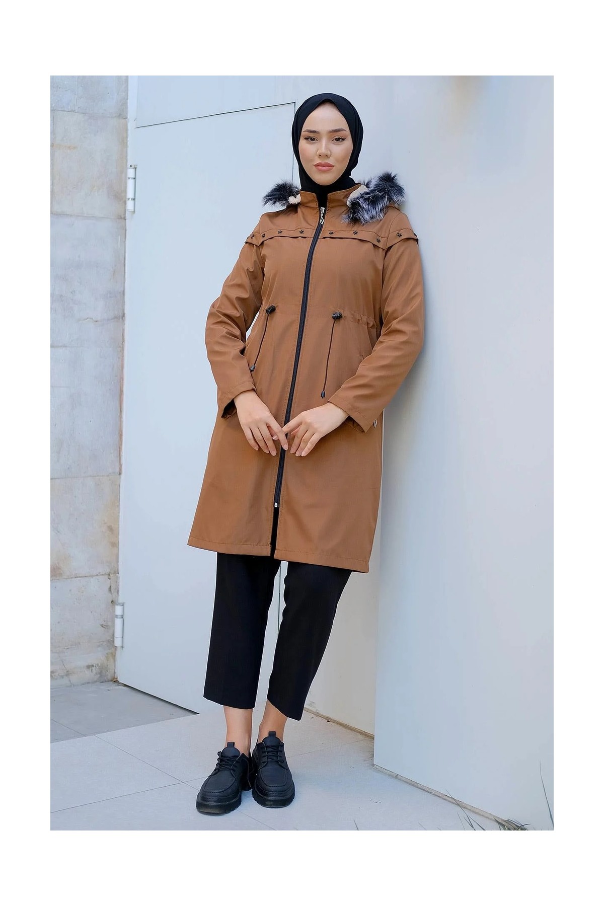 Hafsa Mina Yıldızlı İçi Kürklü Mont Taba HM2288 görsel 6