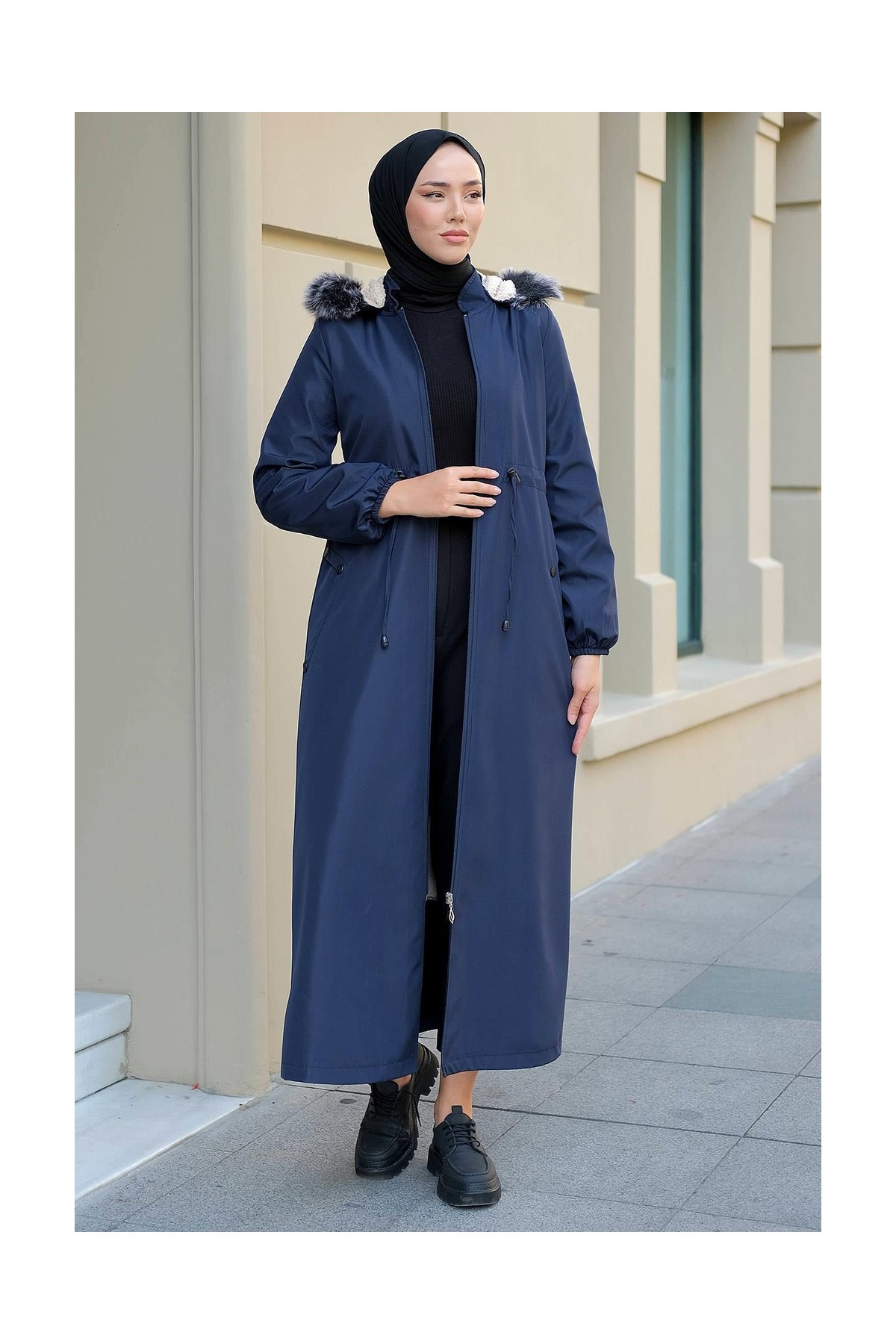 Hafsa Mina Tam Boy Büyük Beden Mont Lacivert HM2286 görsel 6